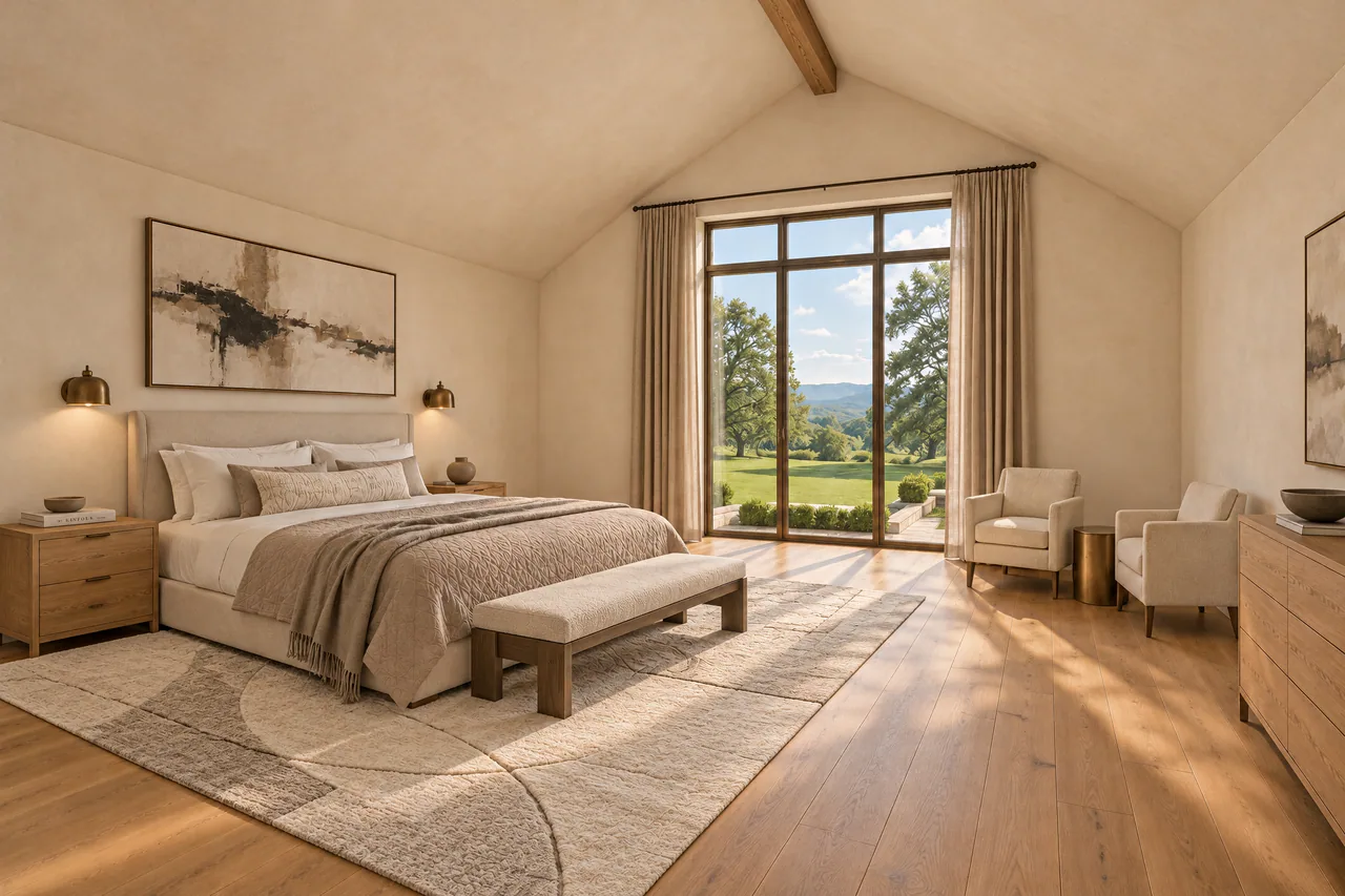 Primary suite under a vaulted ceiling with a tall window onto the hills