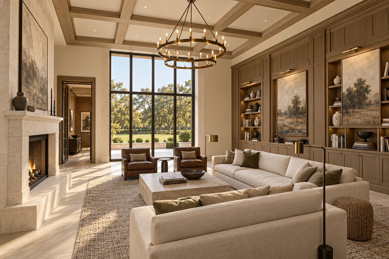 Great room with a coffered ceiling, a limestone fireplace and a wall of glass onto the lawn