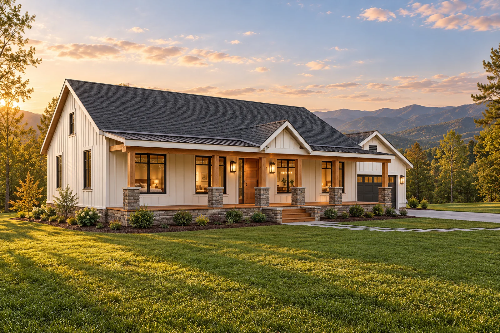 A one-level farmhouse with a porch across the whole front at golden hour, the Blue Ridge behind