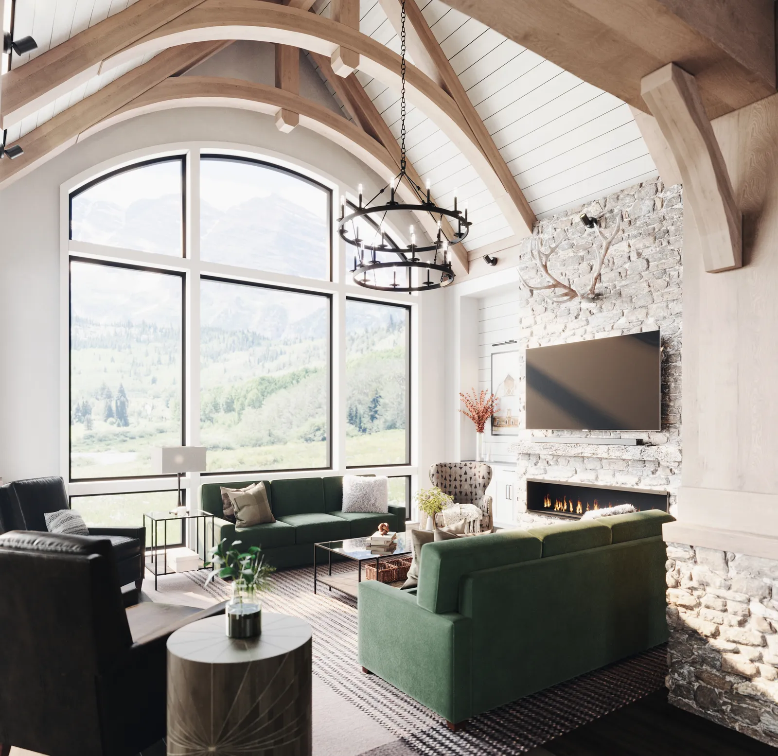 Seating area under timber trusses with tall arched windows