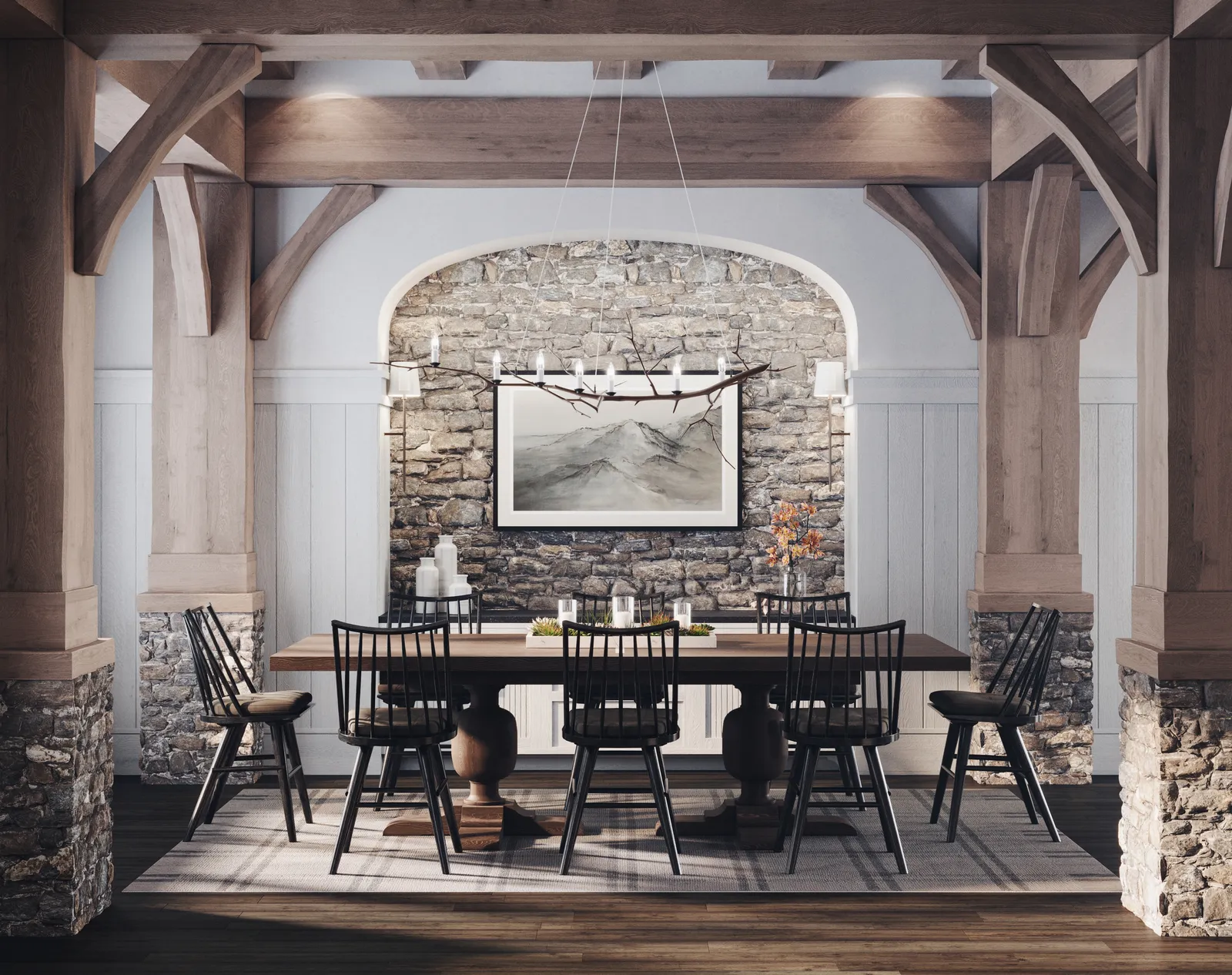 Dining room with a stone arch and Windsor chairs
