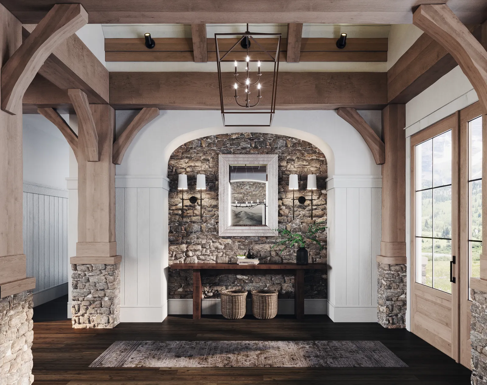 Entry console under a stone arch and timber beams