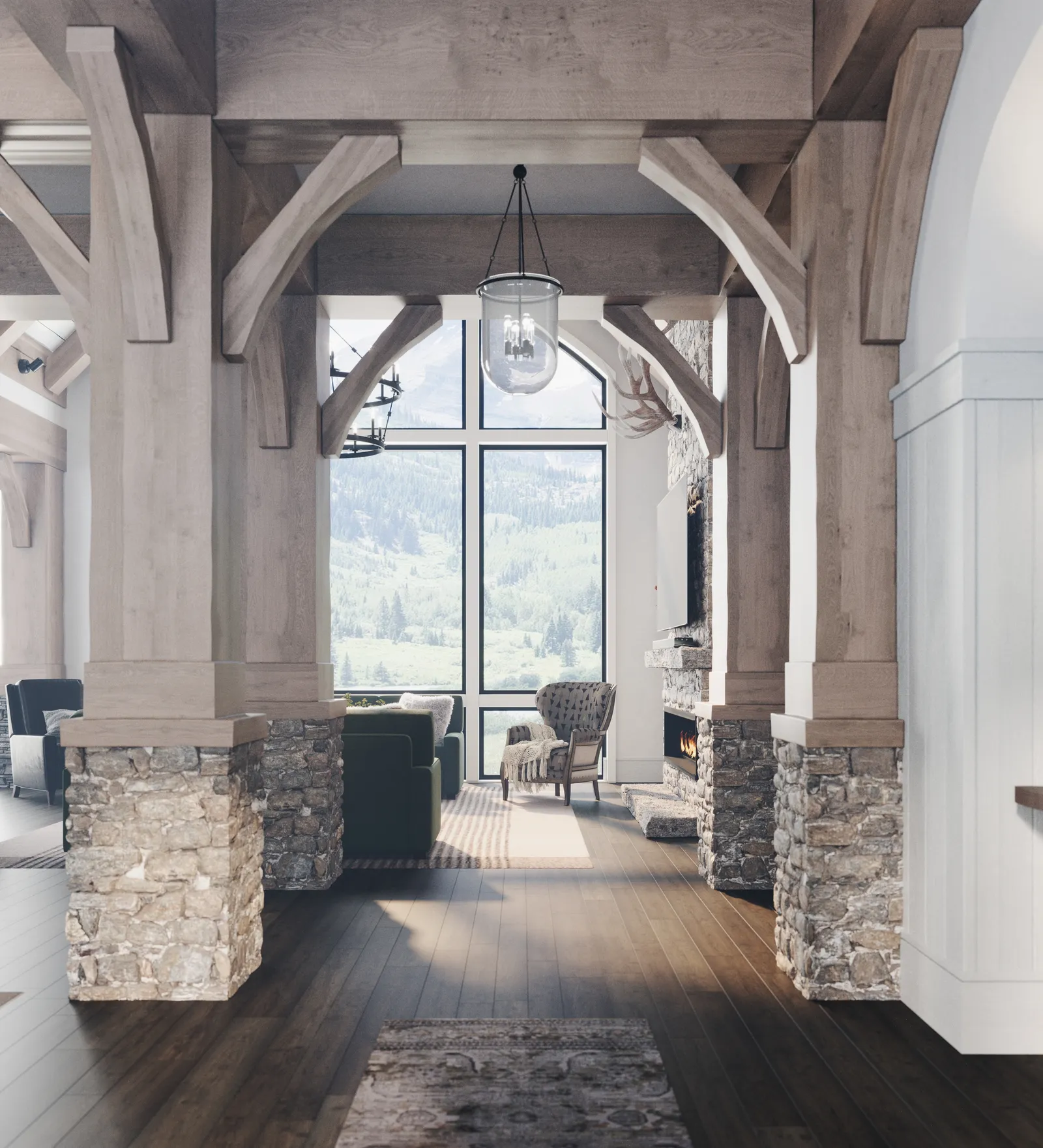 Hall framed by timber posts on fieldstone bases