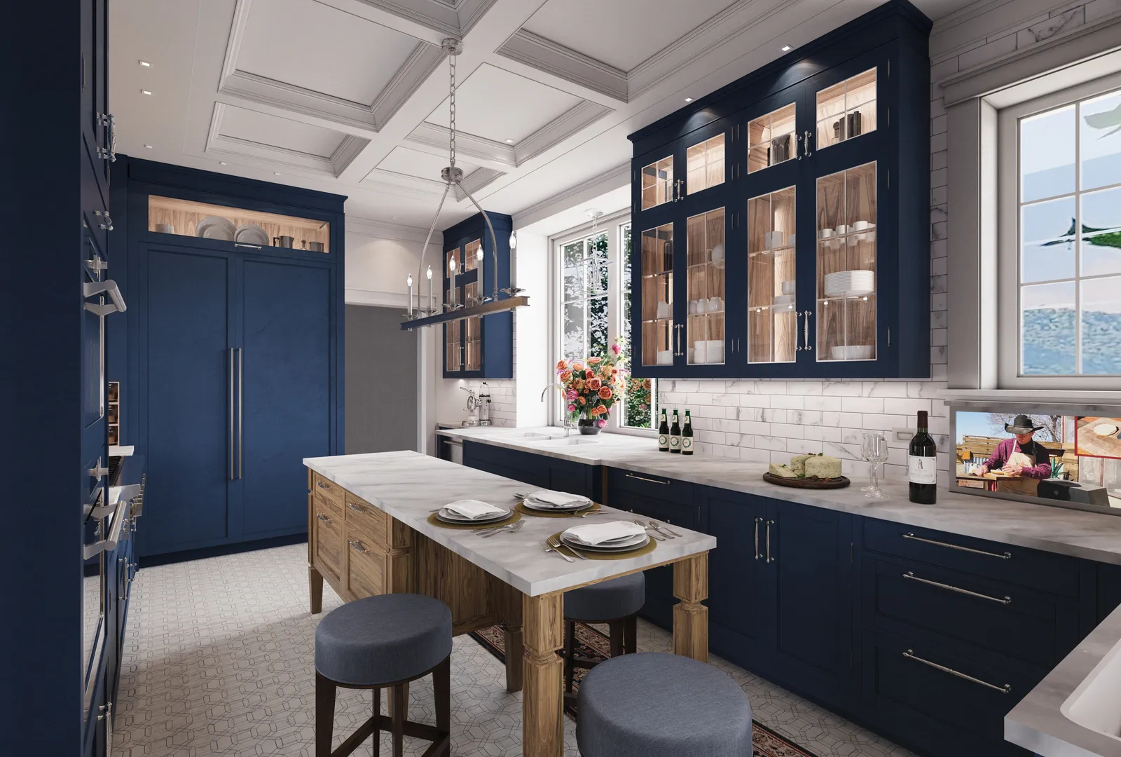 Kitchen in navy cabinetry with a white oak island