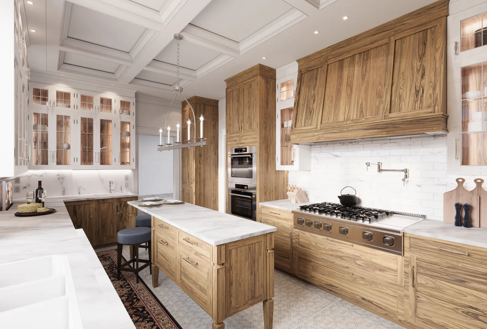 The same kitchen in natural oak with white upper cabinets