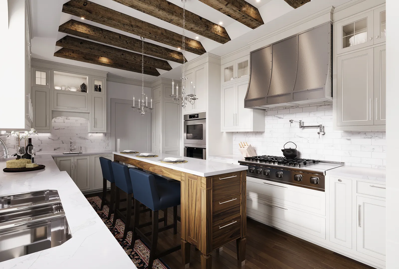 White kitchen with timber beams and a stainless hood