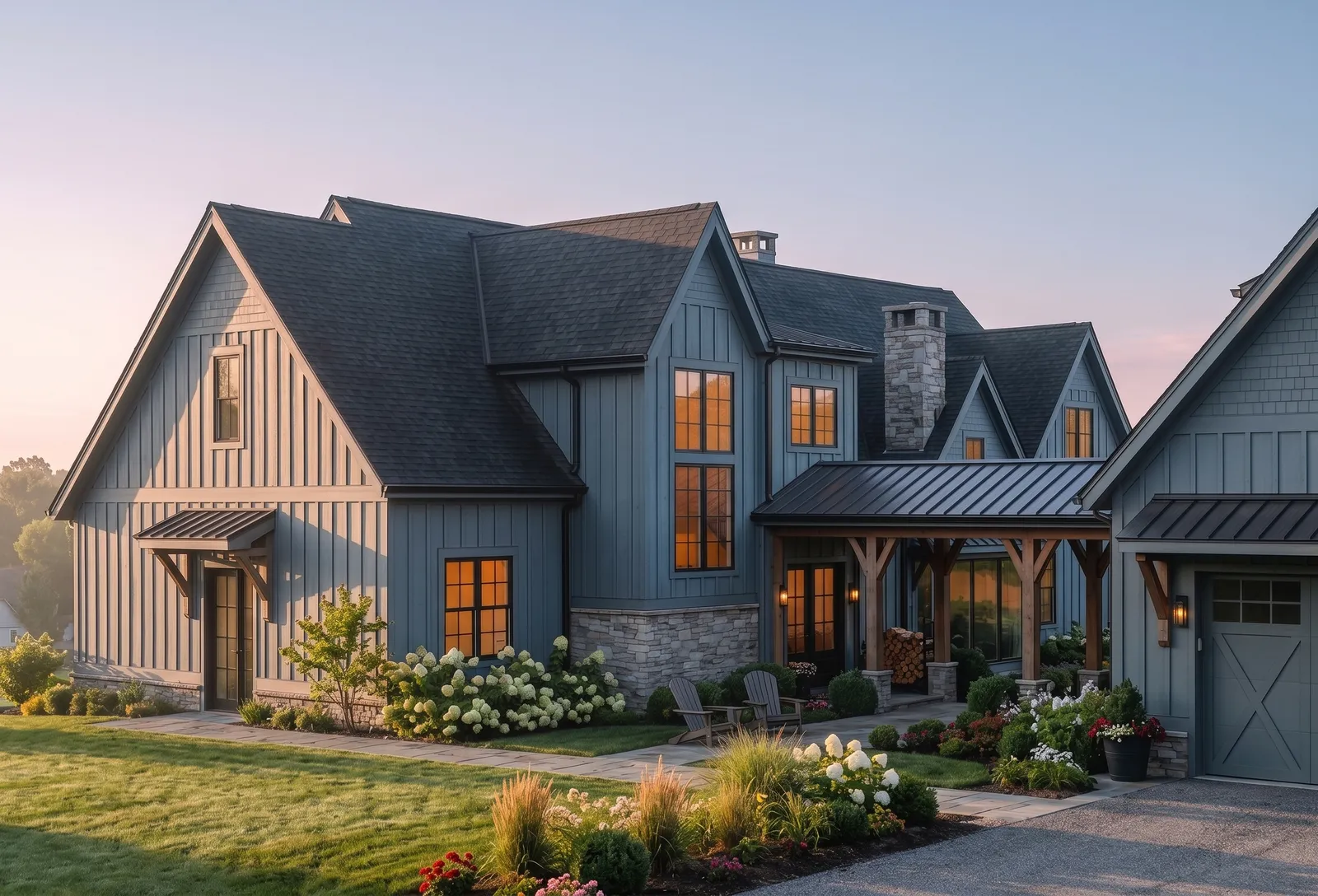 The farmhouse at dusk with lit windows