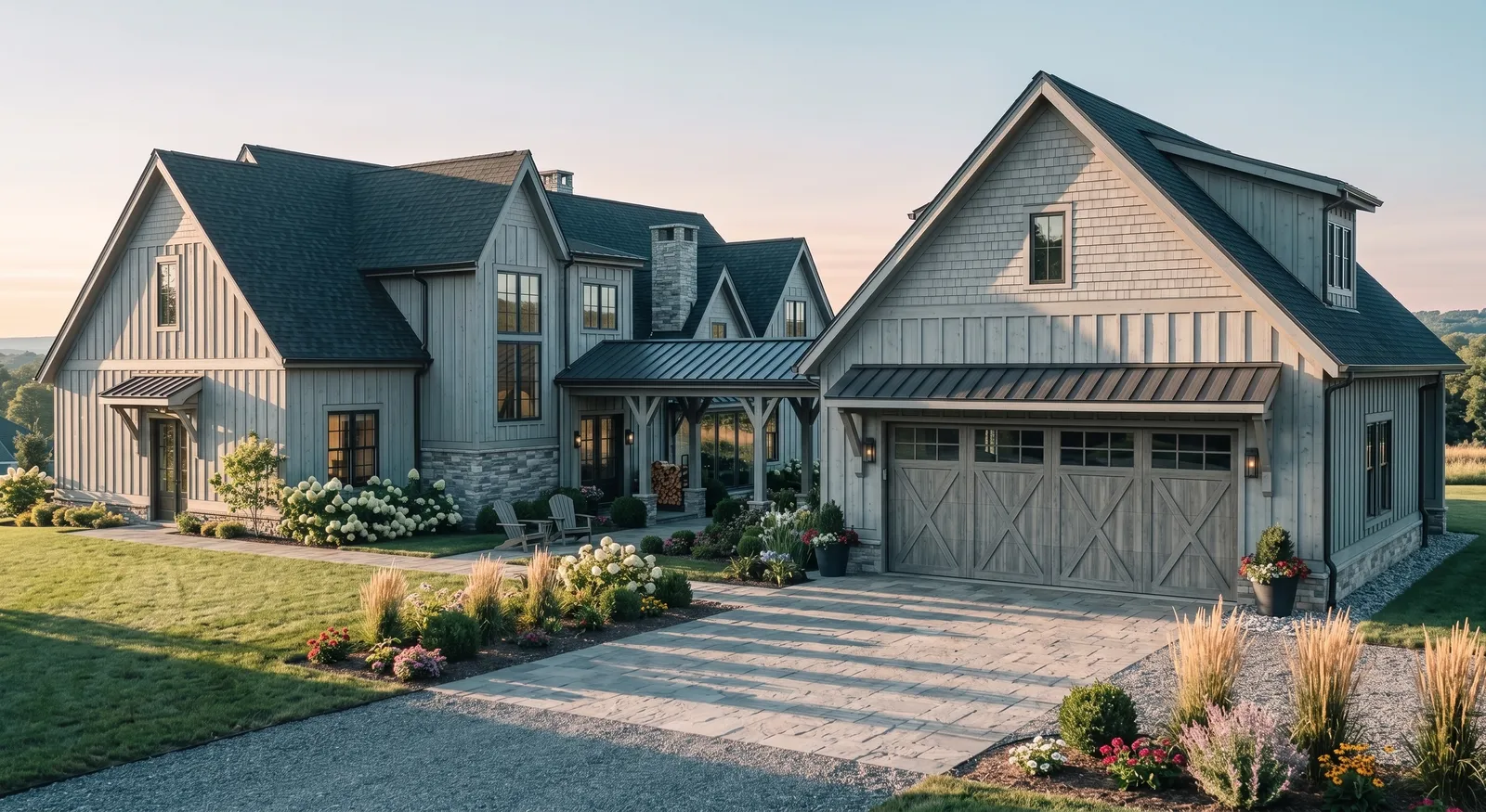 Garage wing with carriage doors and a gravel drive