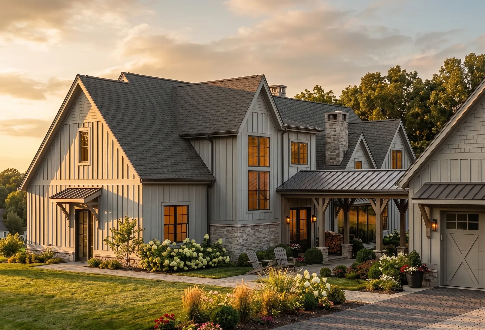 Farmhouse at sunrise with light siding and a planted walk