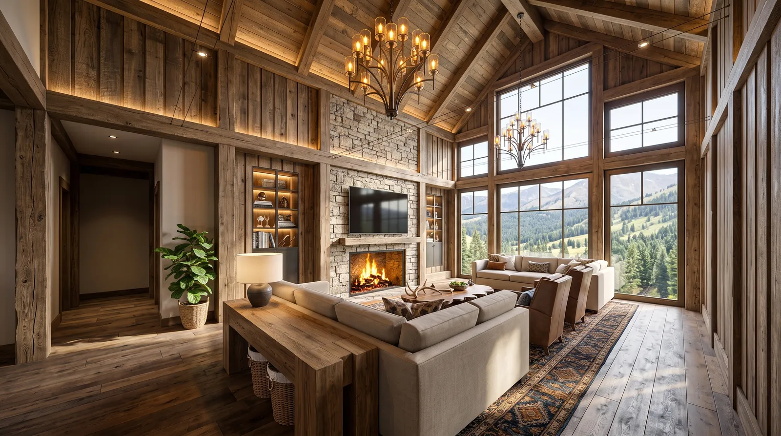 The same great room in the evening, lit by the chandeliers and fire
