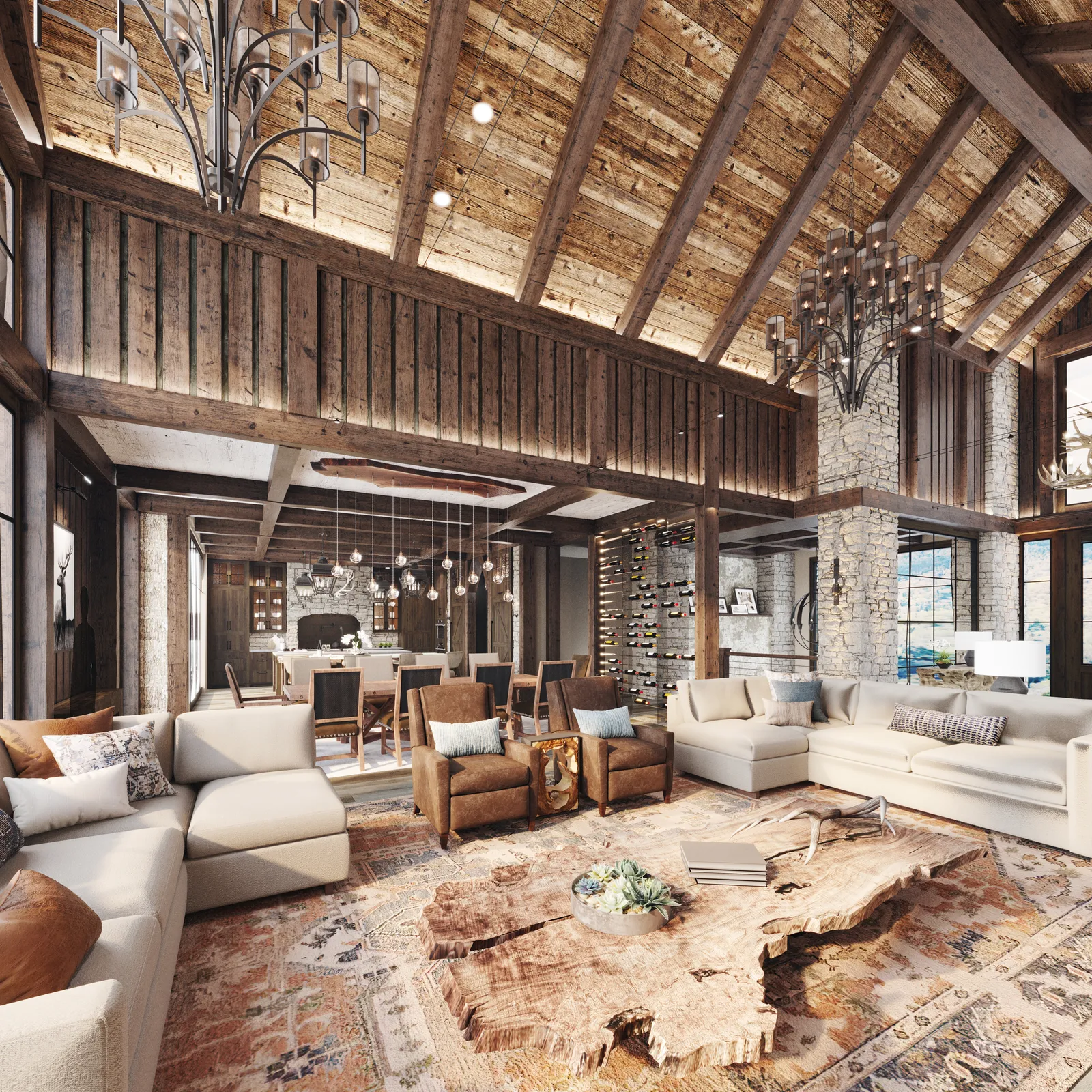 Great room toward the dining area, with a live-edge coffee table
