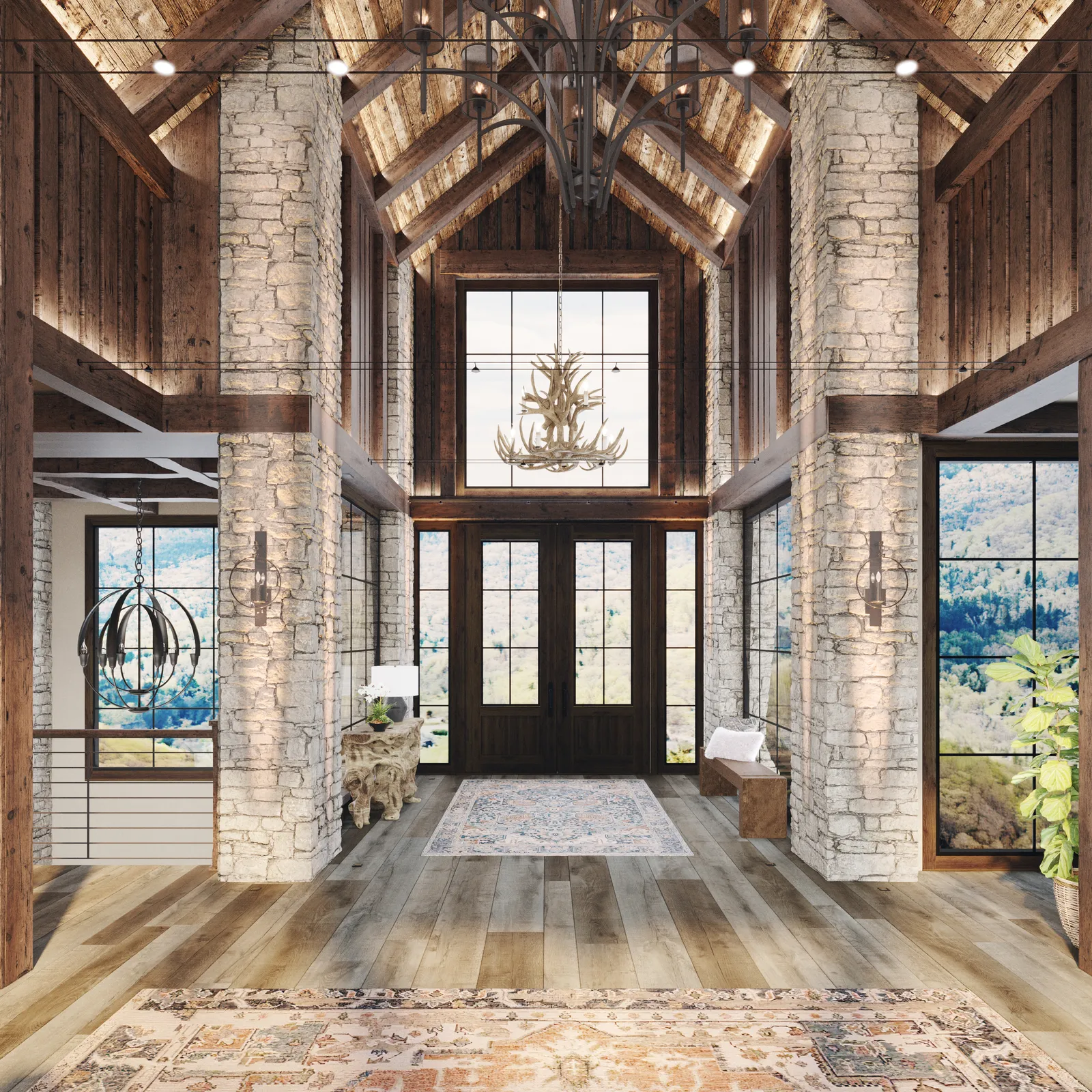 Double-height entry framed by fieldstone columns