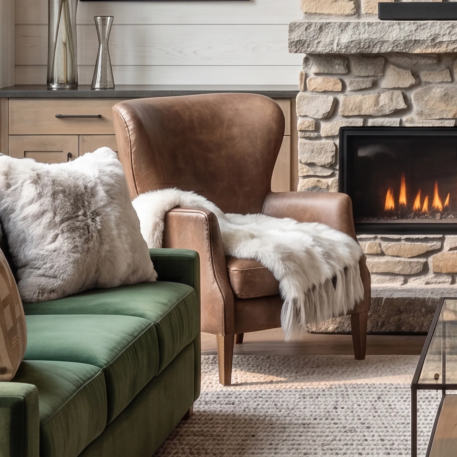 Leather wing chair and sheepskin beside the stone fireplace