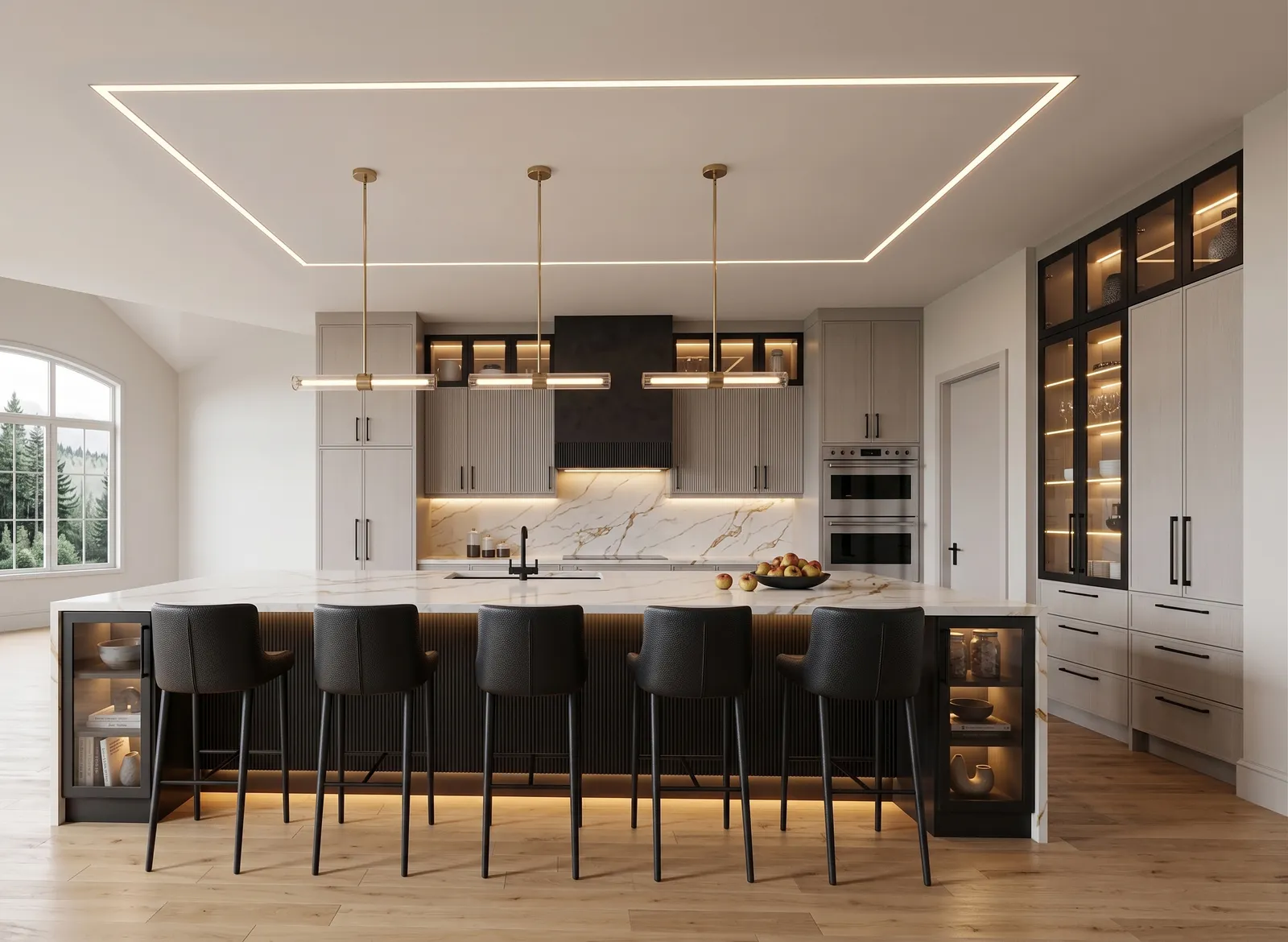 Contemporary kitchen with a long black island and a lit ceiling cove