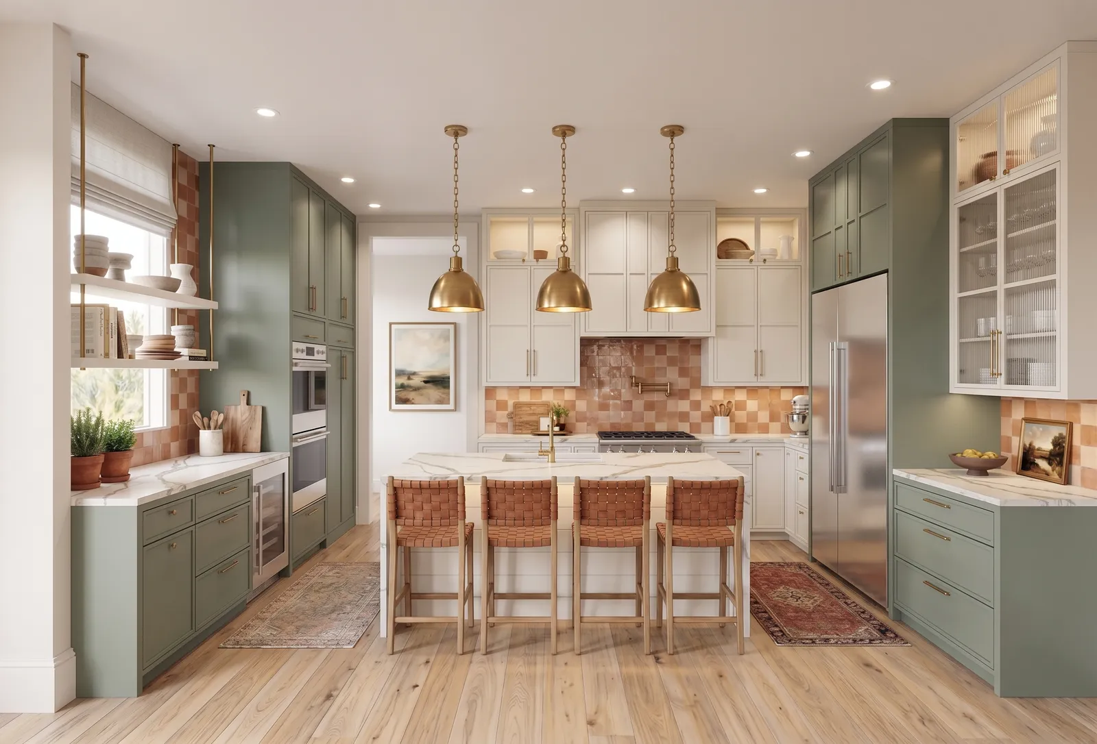 Sage and cream farmhouse kitchen with brass pendants