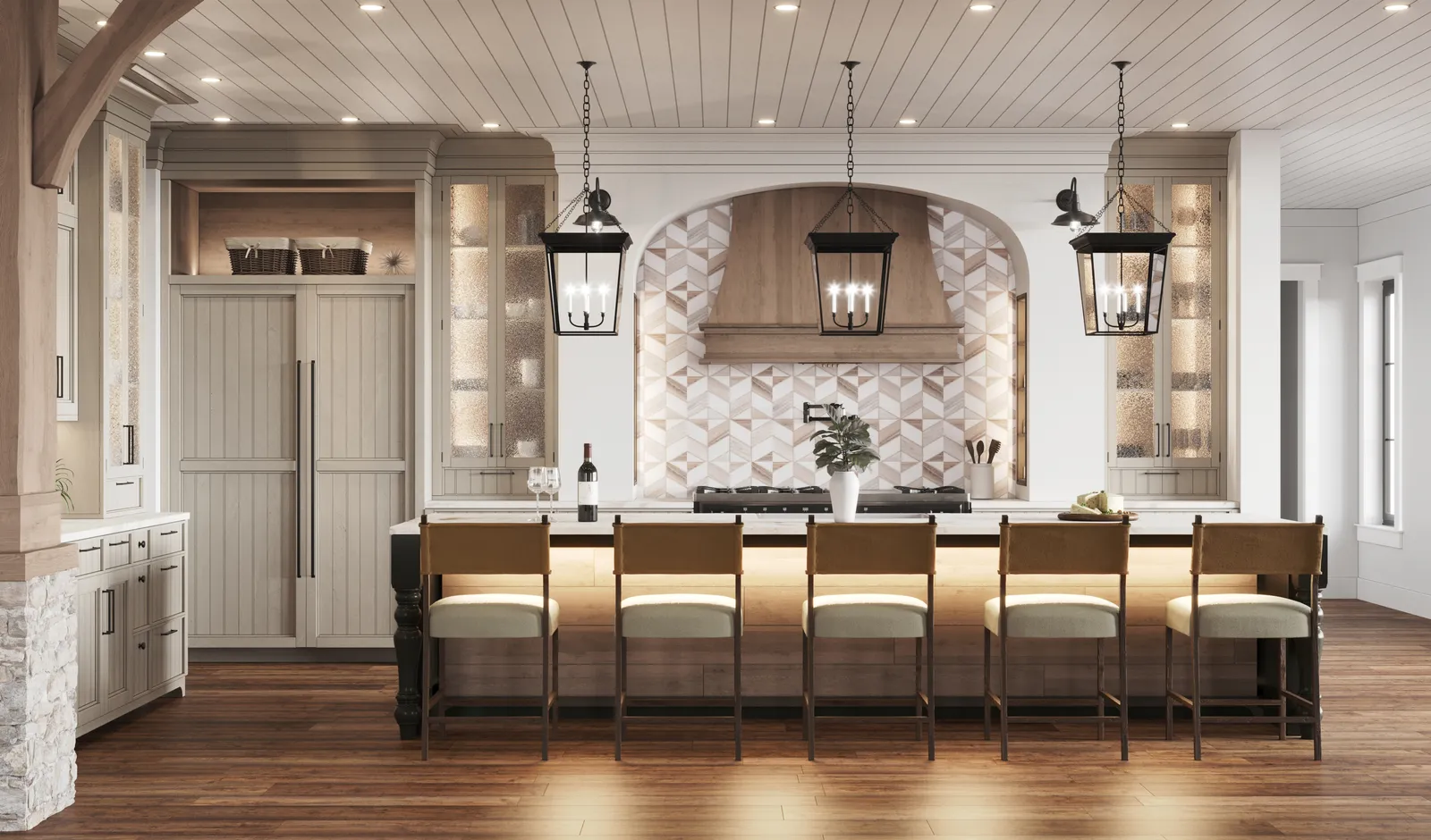 Kitchen with an arched plaster hood and lantern pendants