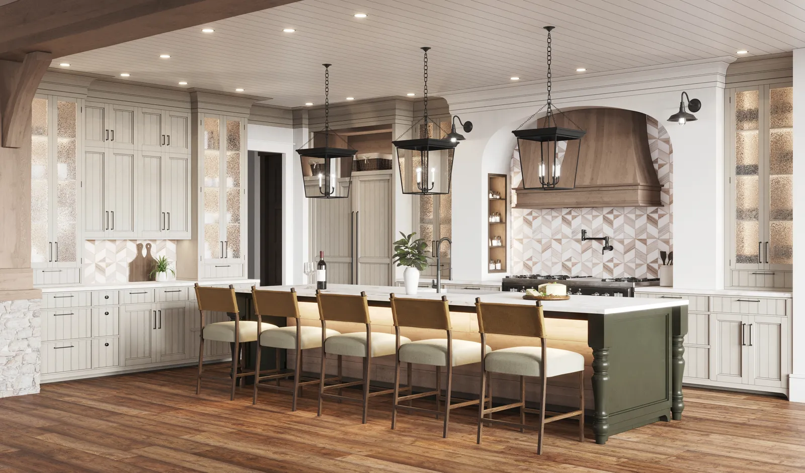 Cream kitchen with a long island and lantern pendants