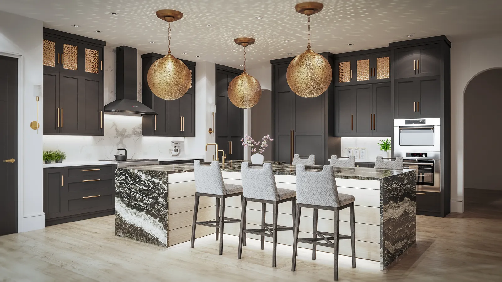 Dark cabinetry with a bookmatched stone island and brass globes