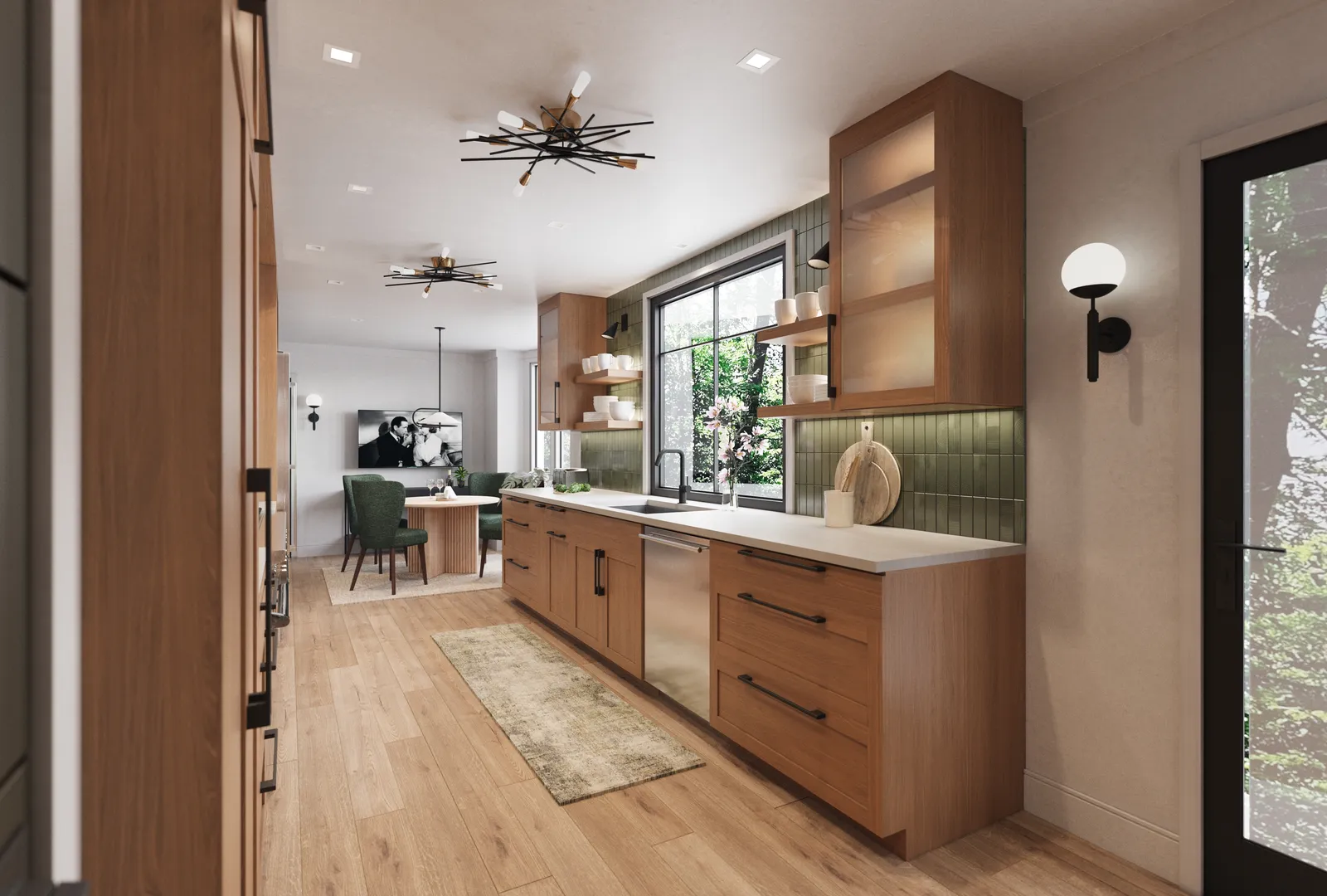 Galley kitchen in walnut with green tile
