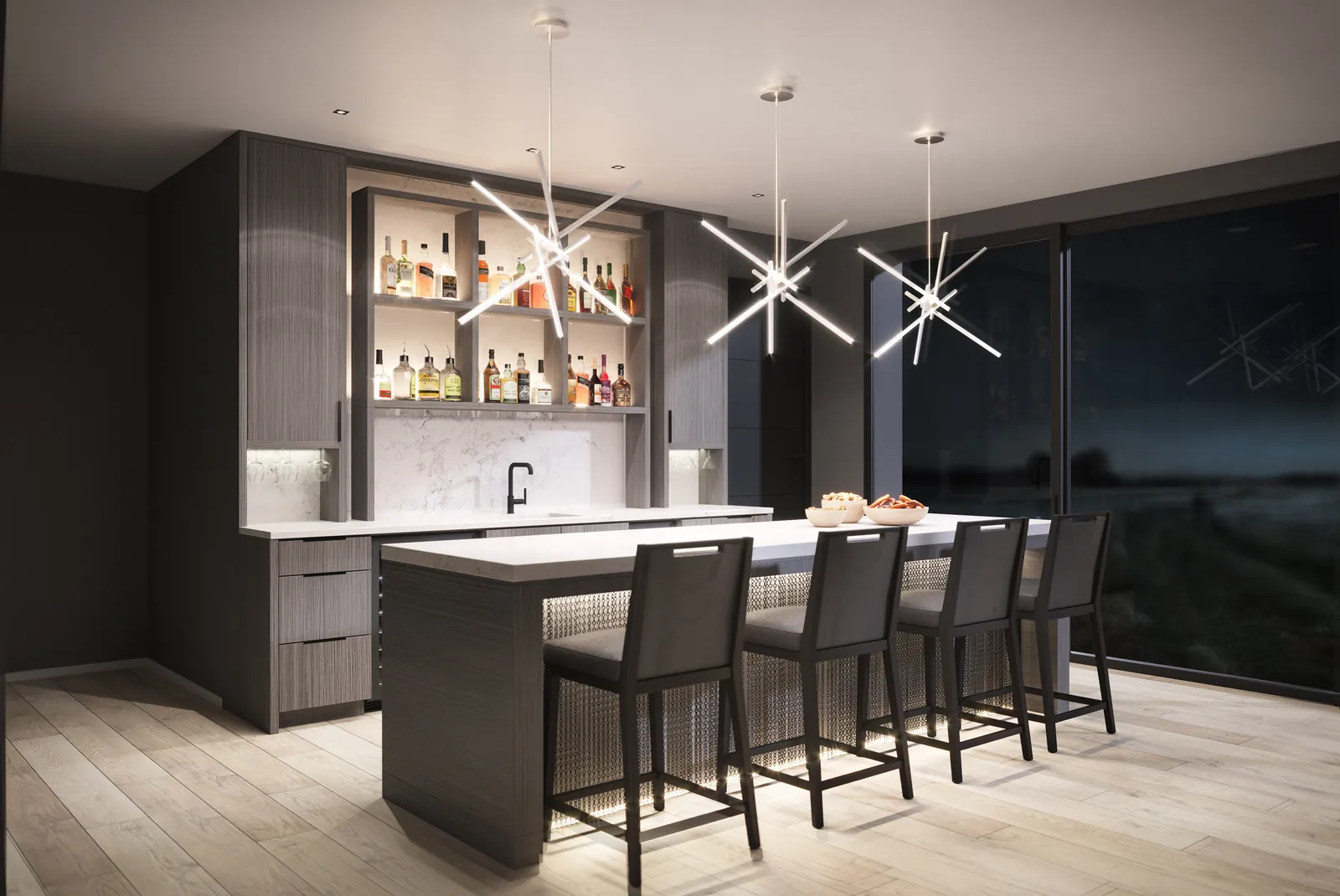 Lounge bar with a quartz island and starburst pendants