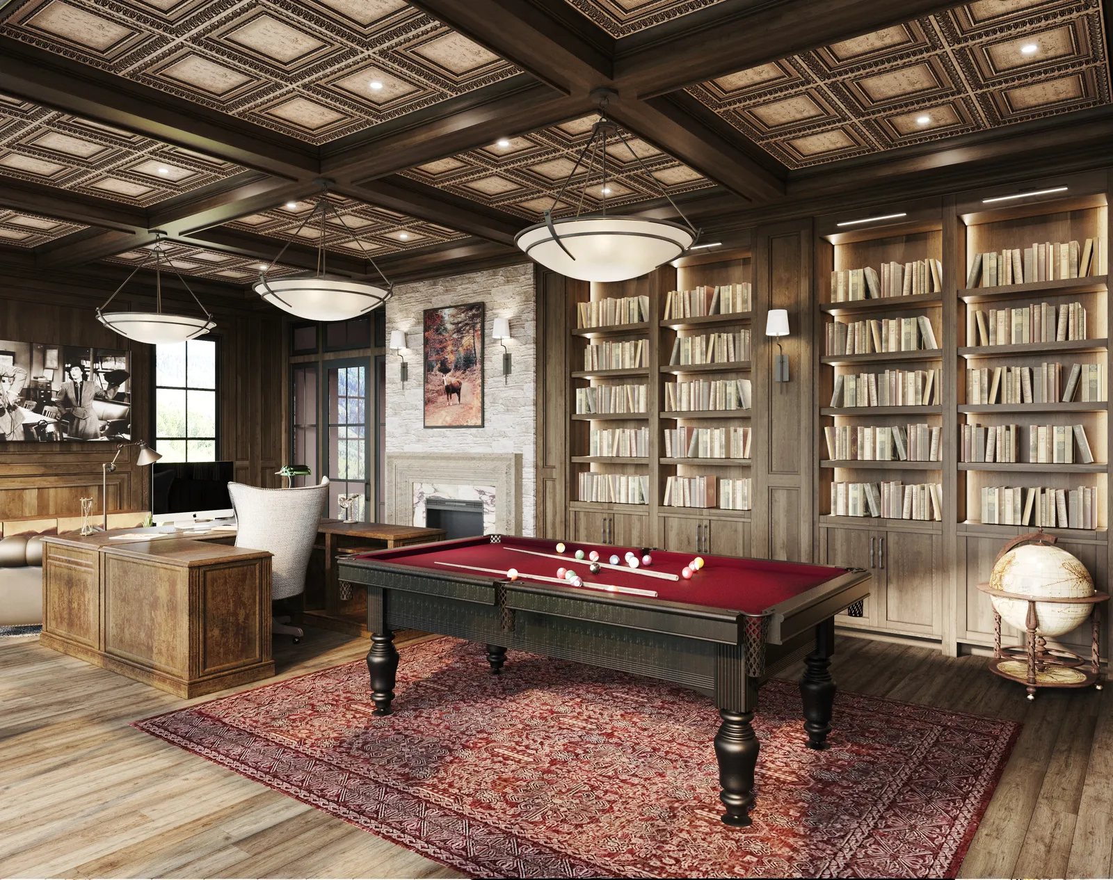 Billiard room with a coffered ceiling and built-in bookcases