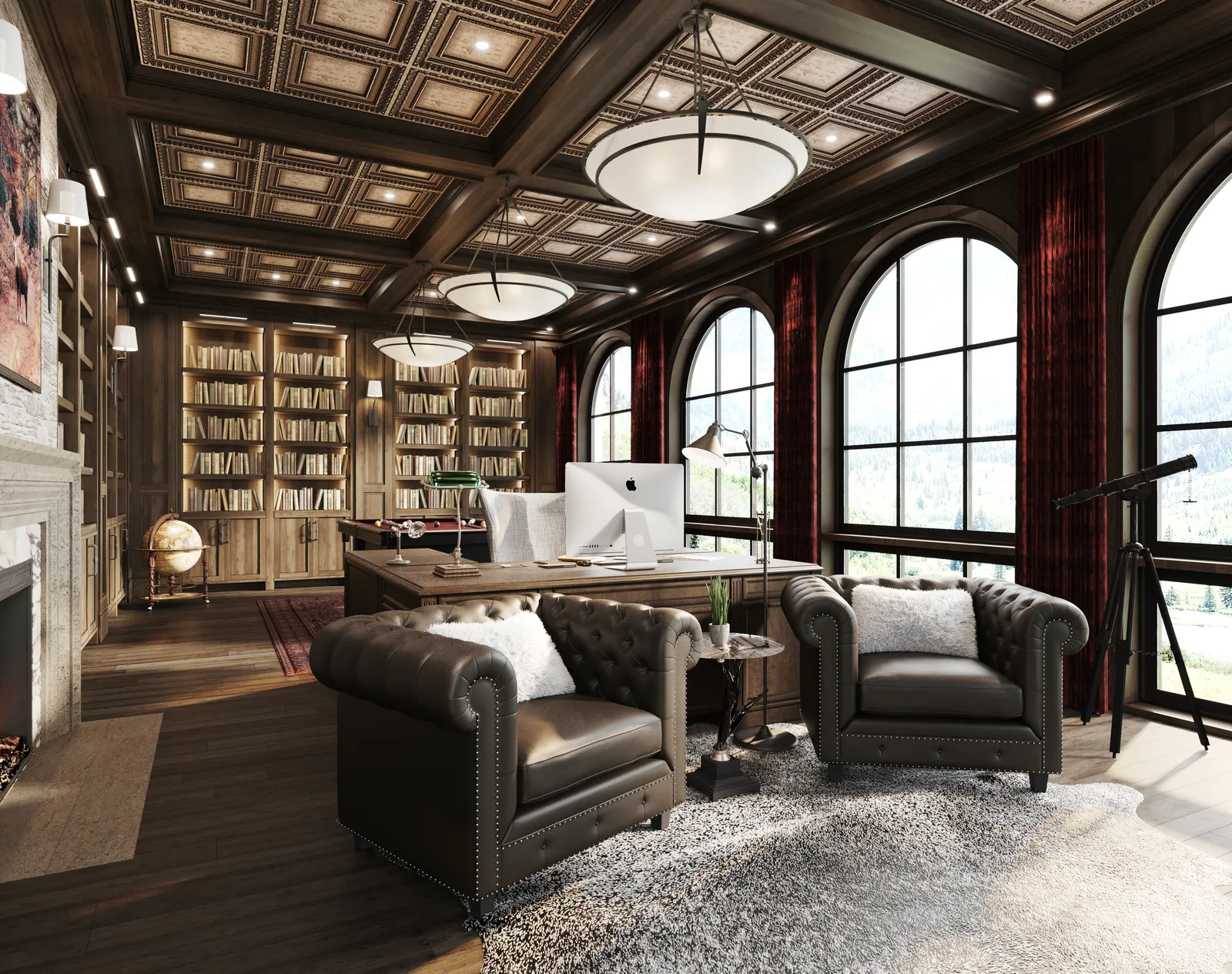 Study with leather chairs and arched windows