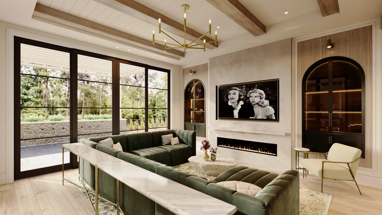 Living room with a green velvet sectional, arched glass cabinets and steel windows