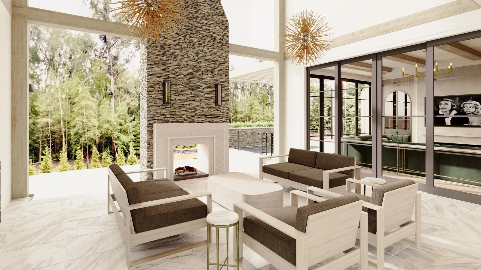 Covered outdoor living room with a stone fireplace