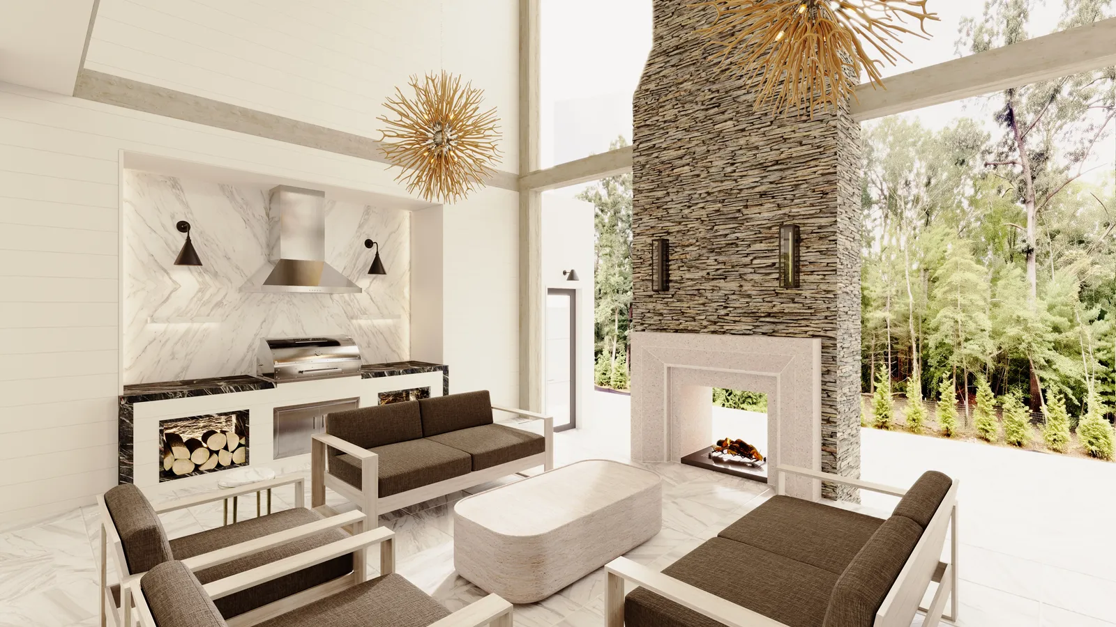 Outdoor kitchen beside a two-sided fireplace