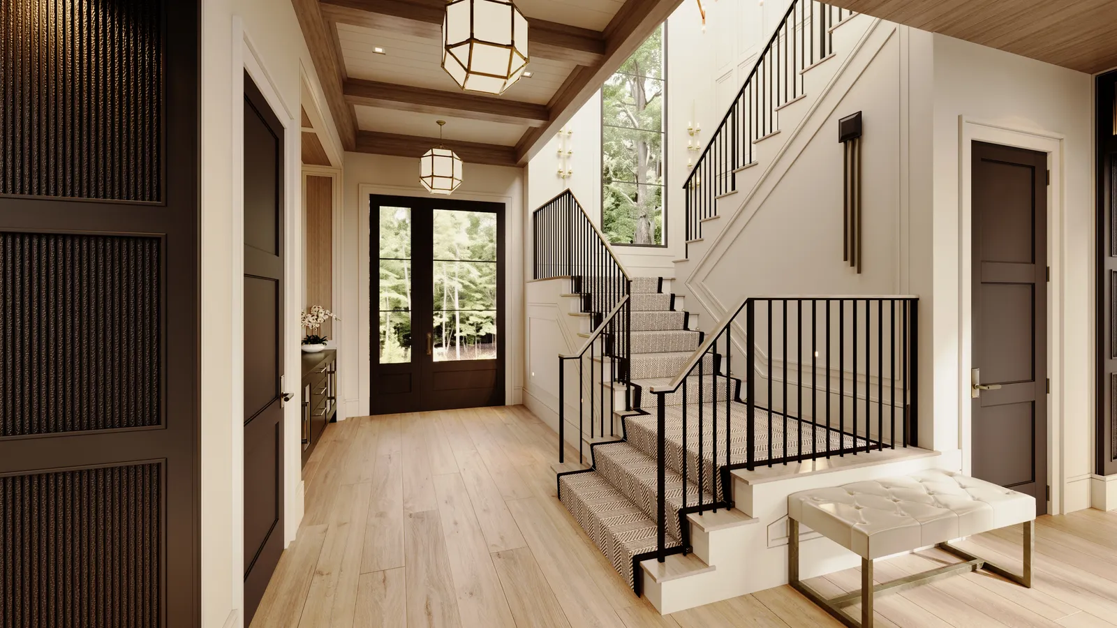 Entry hall with a black steel stair rail