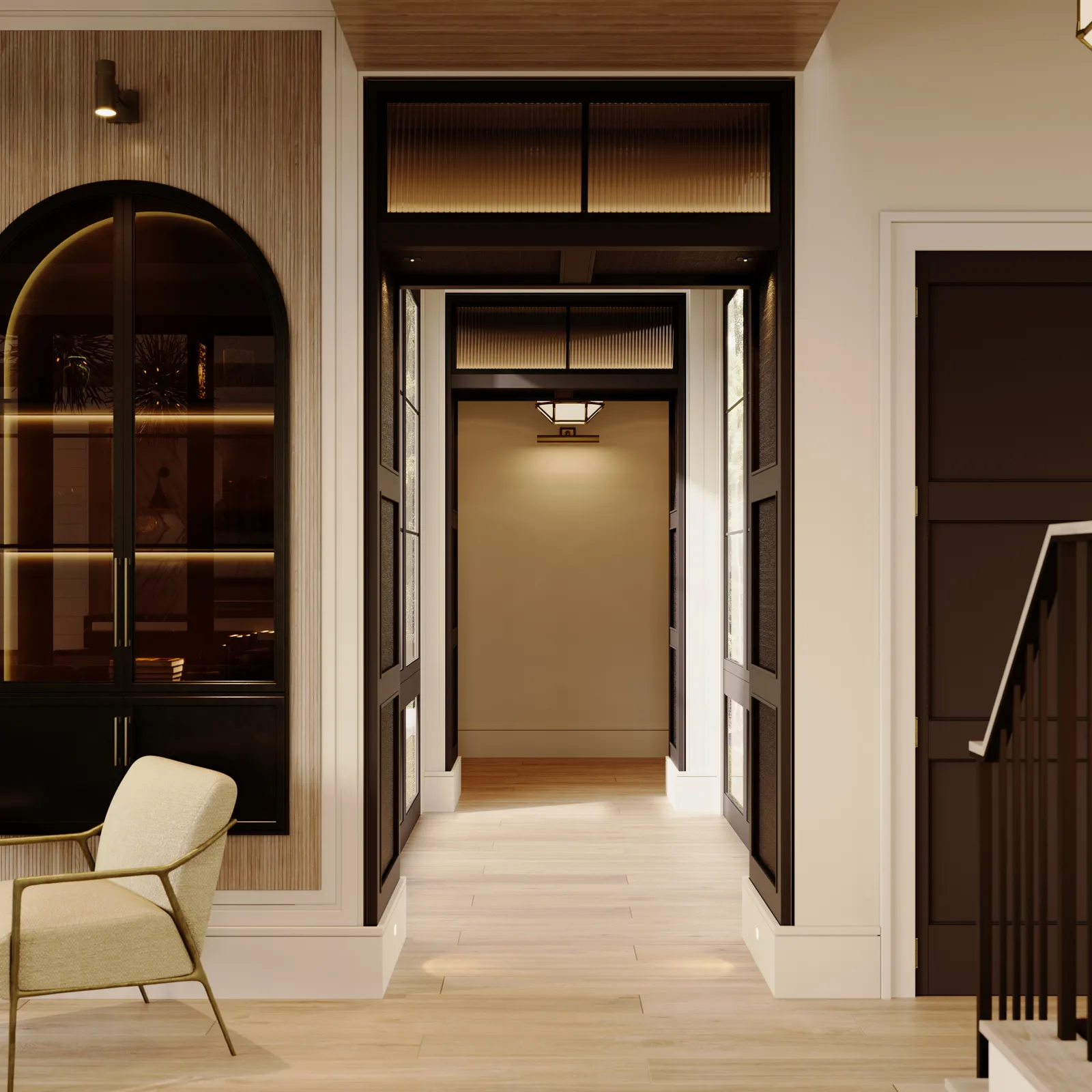 Hallway past an arched glass cabinet