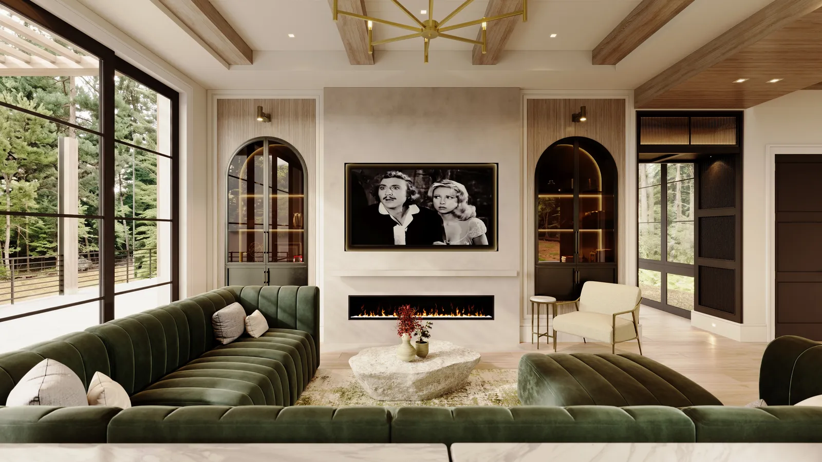 Sectional facing the linear fireplace and media wall