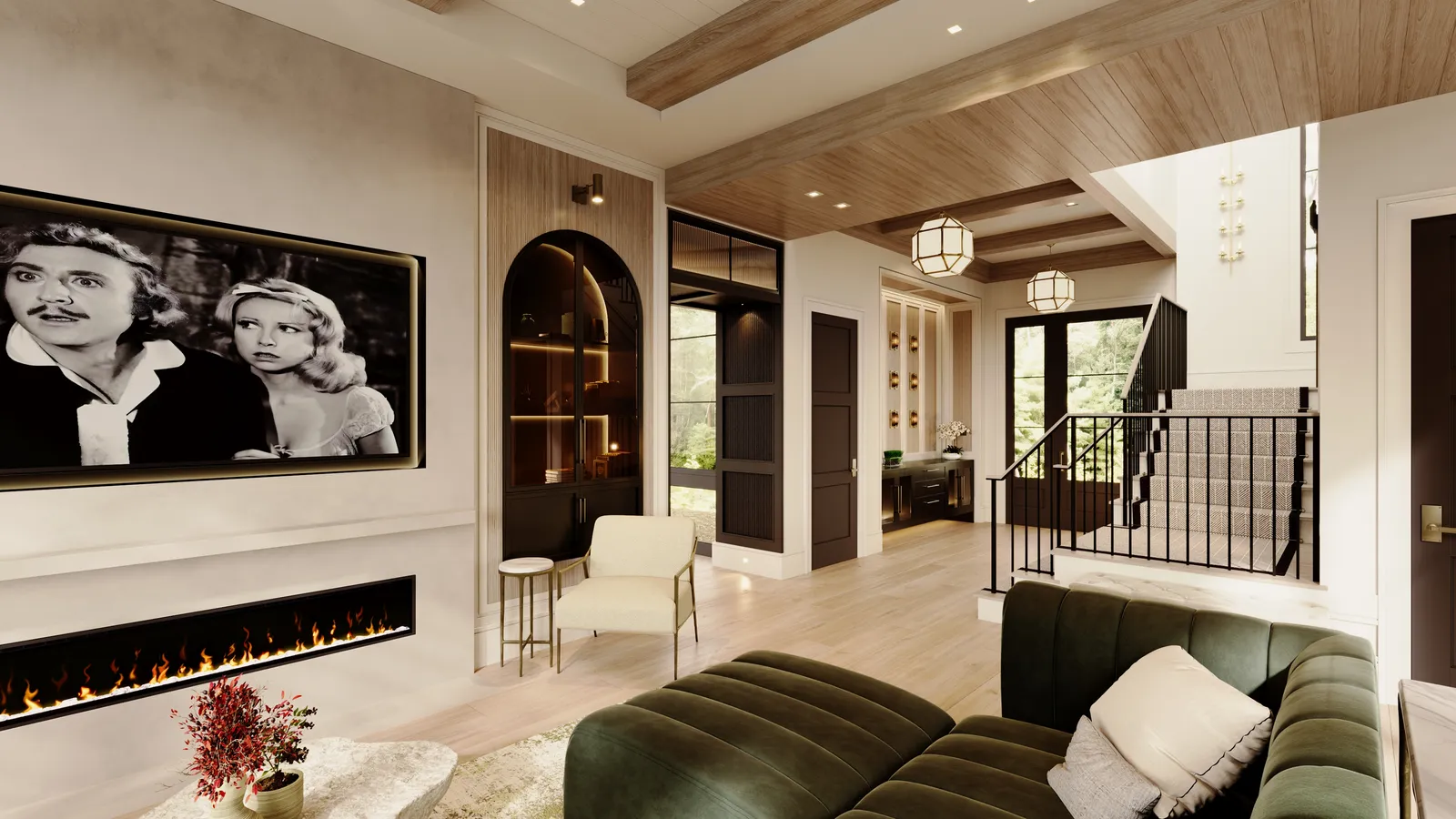 Living room toward the entry and stair