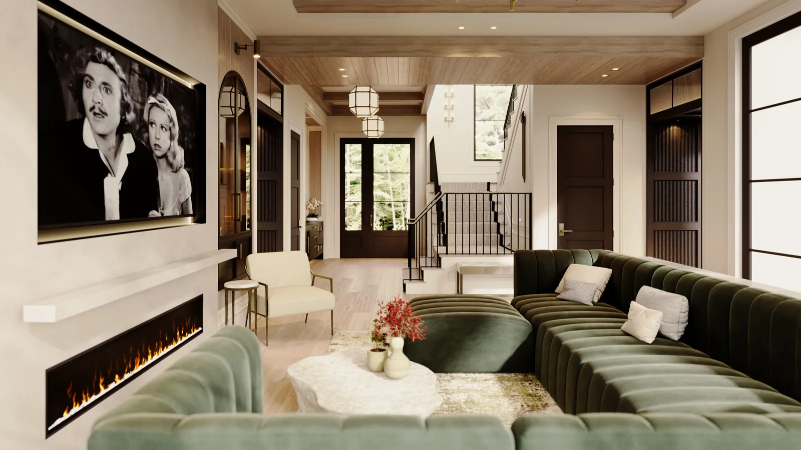 Living room toward the entry, with the sectional and fireplace wall
