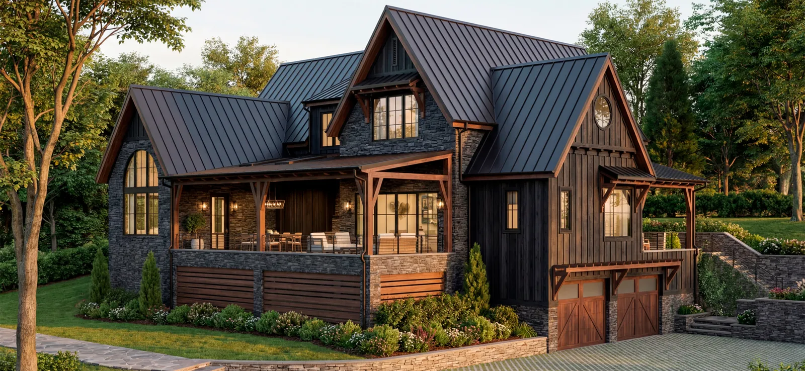 Dark-timber mountain home with a stone base and lit porch at dusk