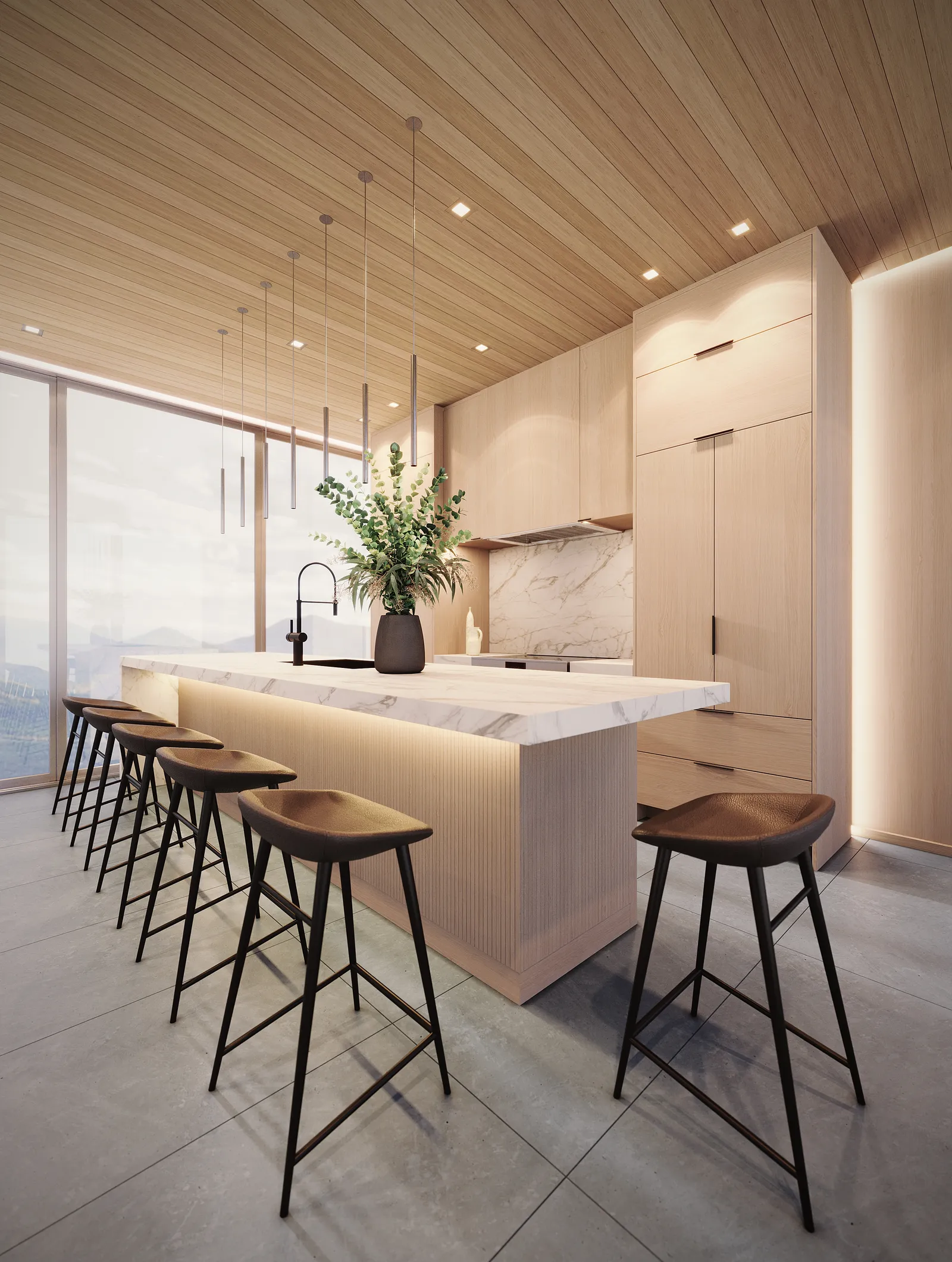 Island with walnut stools and mountain views