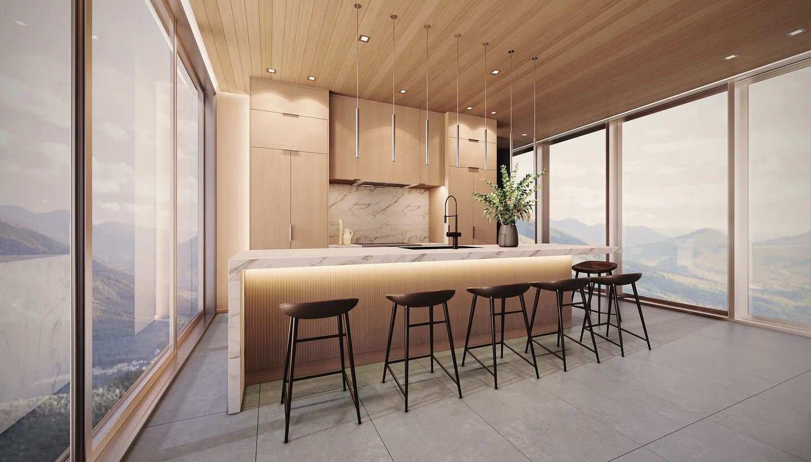 Light oak kitchen with a waterfall island and floor-to-ceiling glass