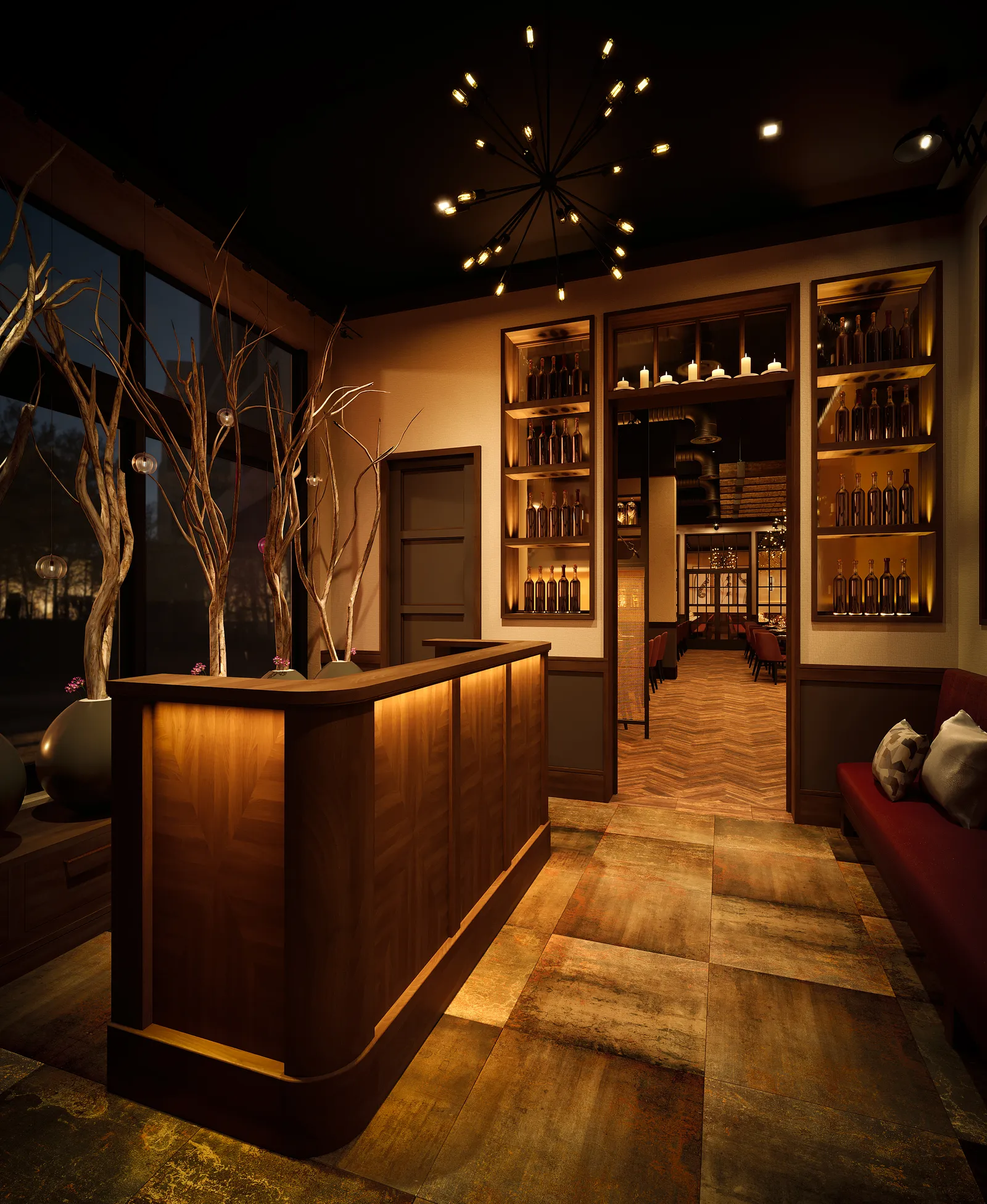 Host stand with lit shelving and a branch installation