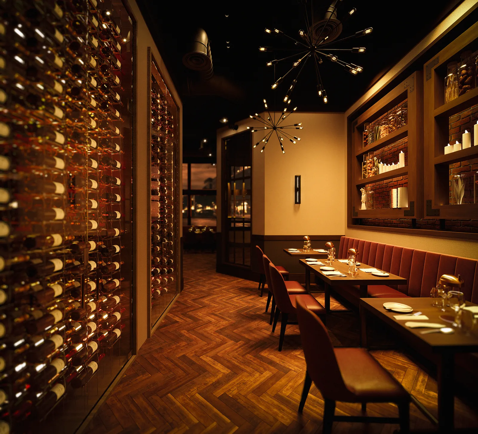 Our render: Banquettes along the wine wall