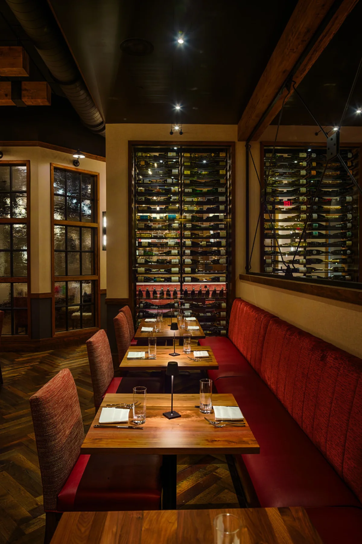 As built: Banquettes along the wine wall