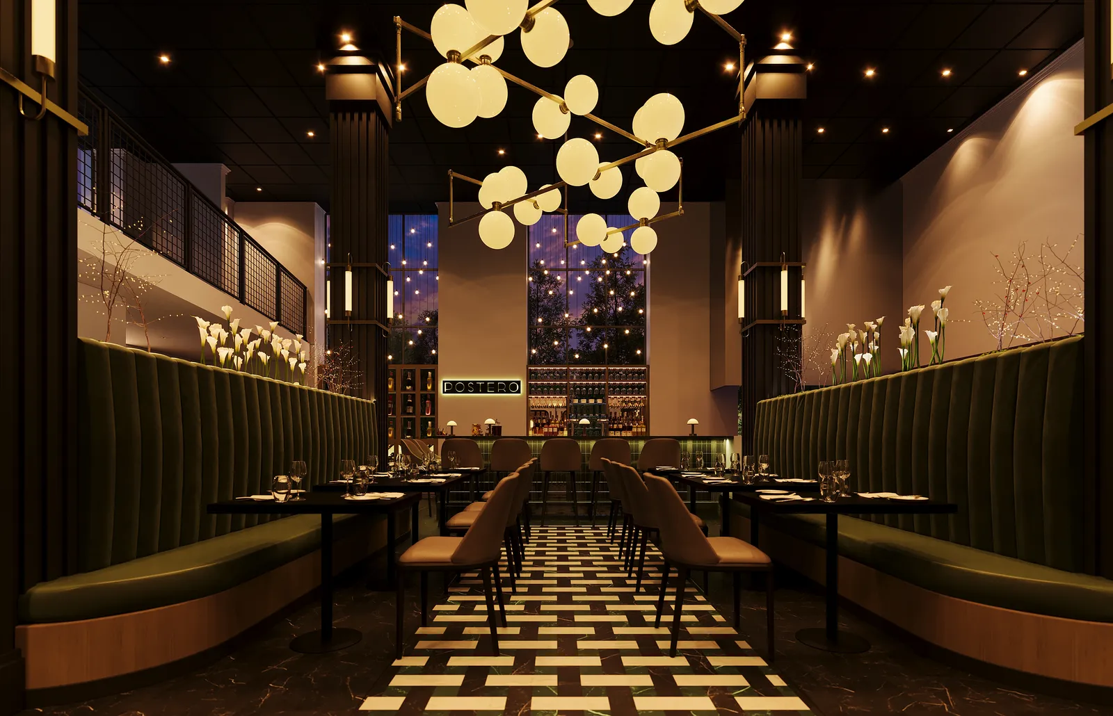 Dining room with green velvet banquettes and globe pendants