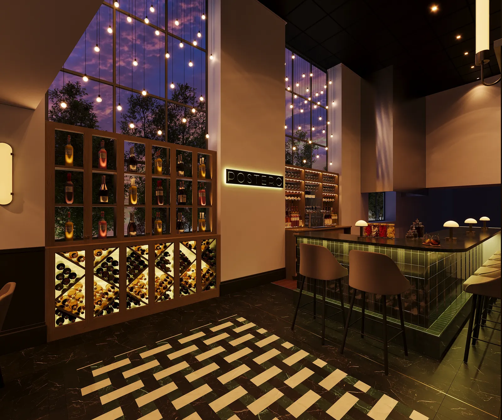 Wine display and bar seating under a night-sky window