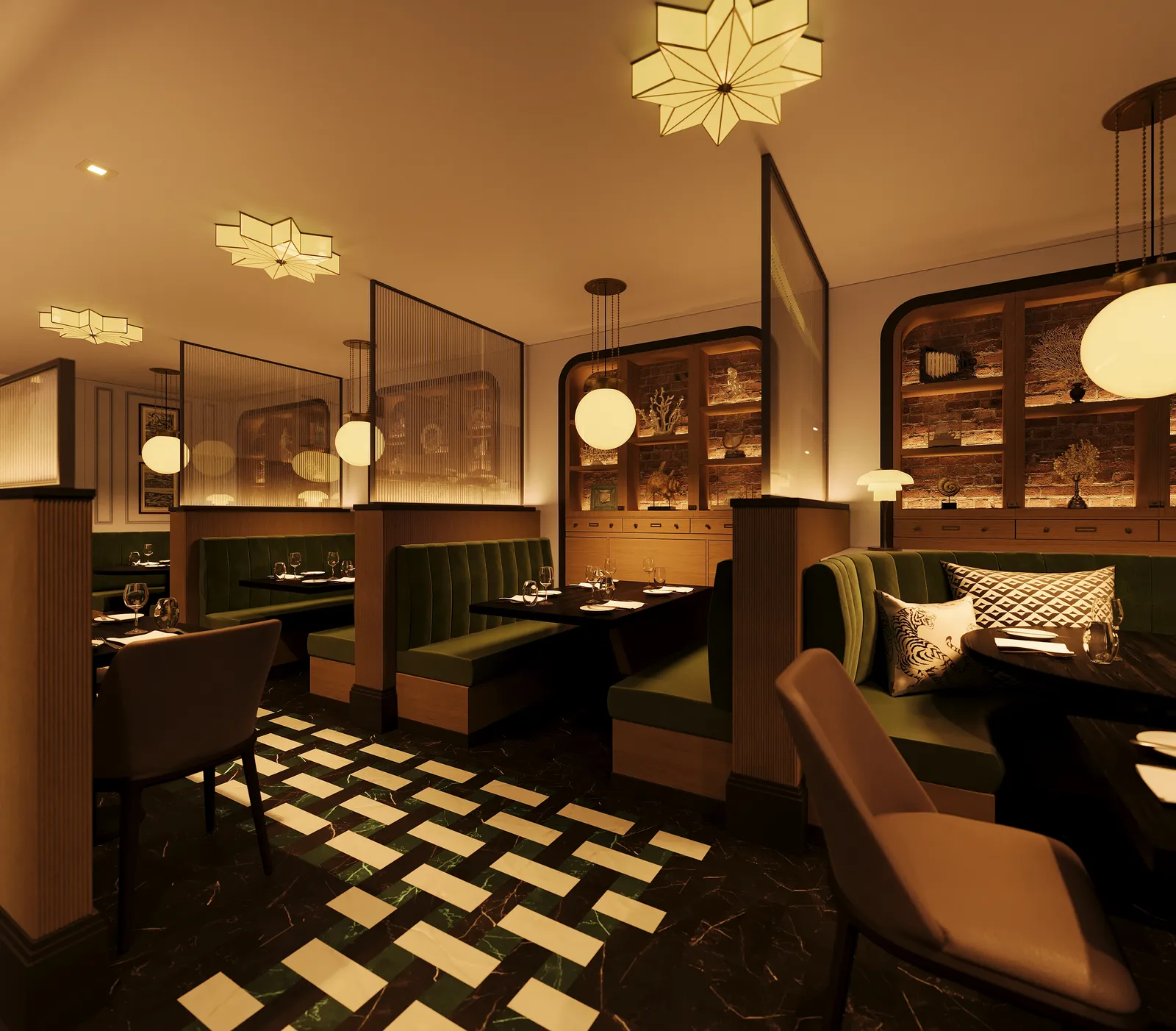 Booths with star-shaped pendants and arched shelving