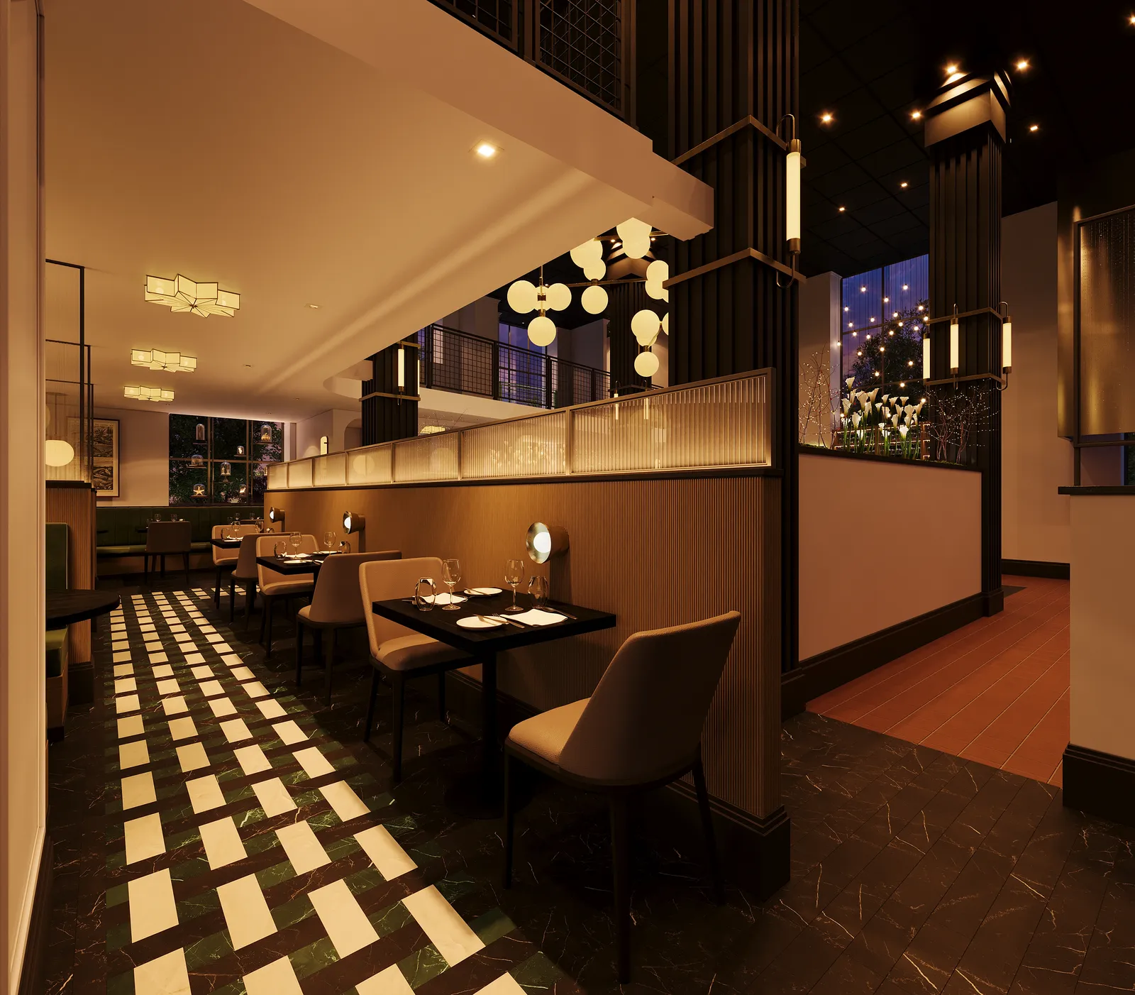 Upper-level dining along a glass railing
