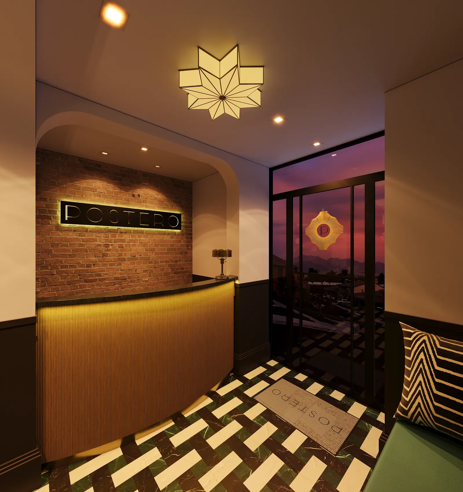Host stand with the Postero sign and patterned floor