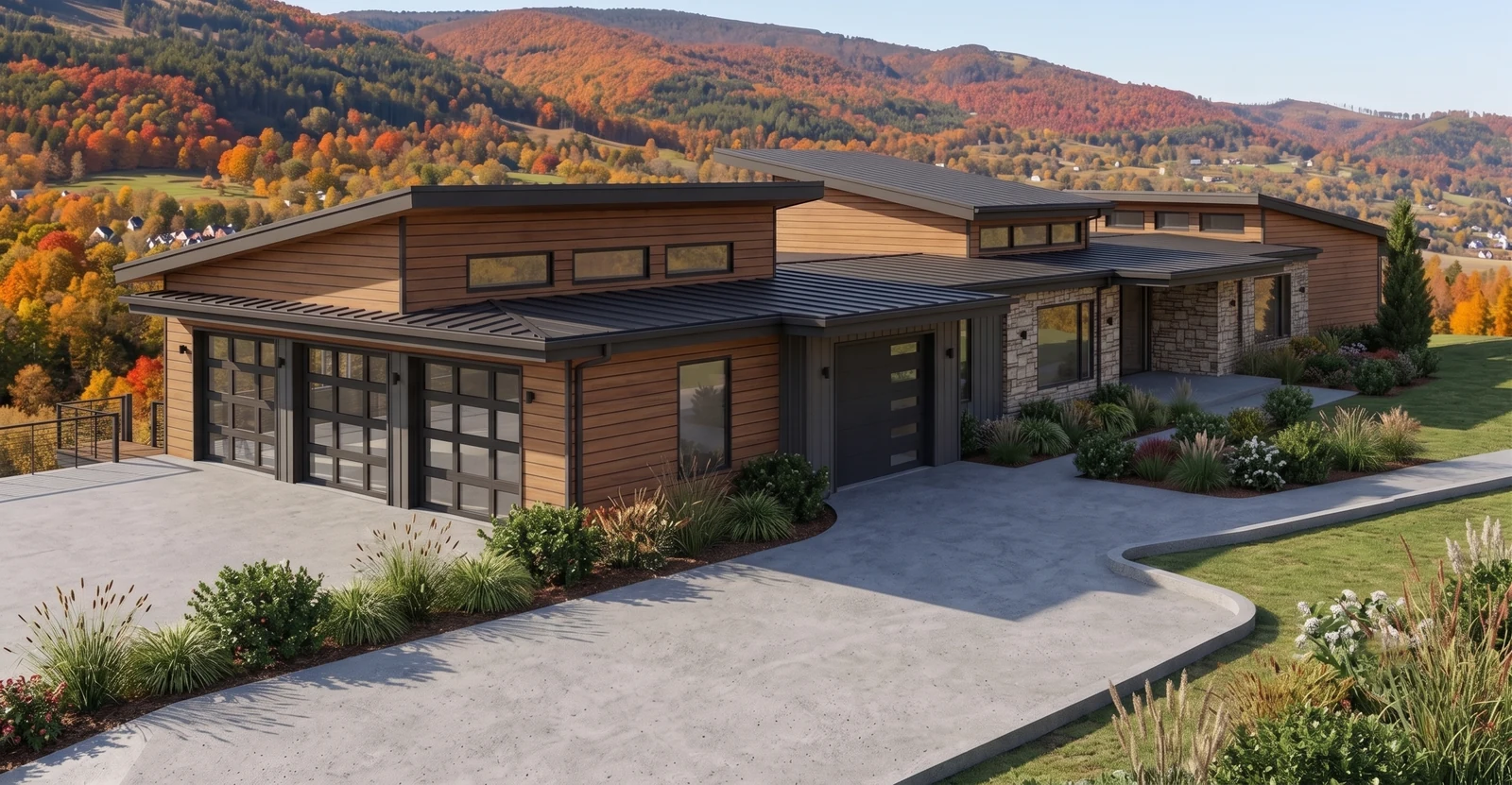 Photoreal front of a mountain house in autumn light