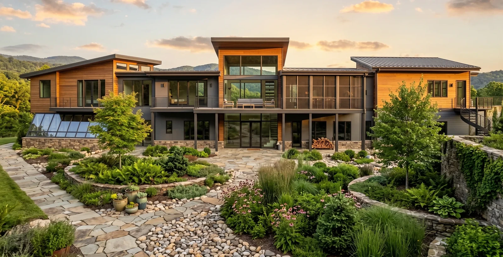 Rear of the house at sunset, above a flagstone terrace and planted garden