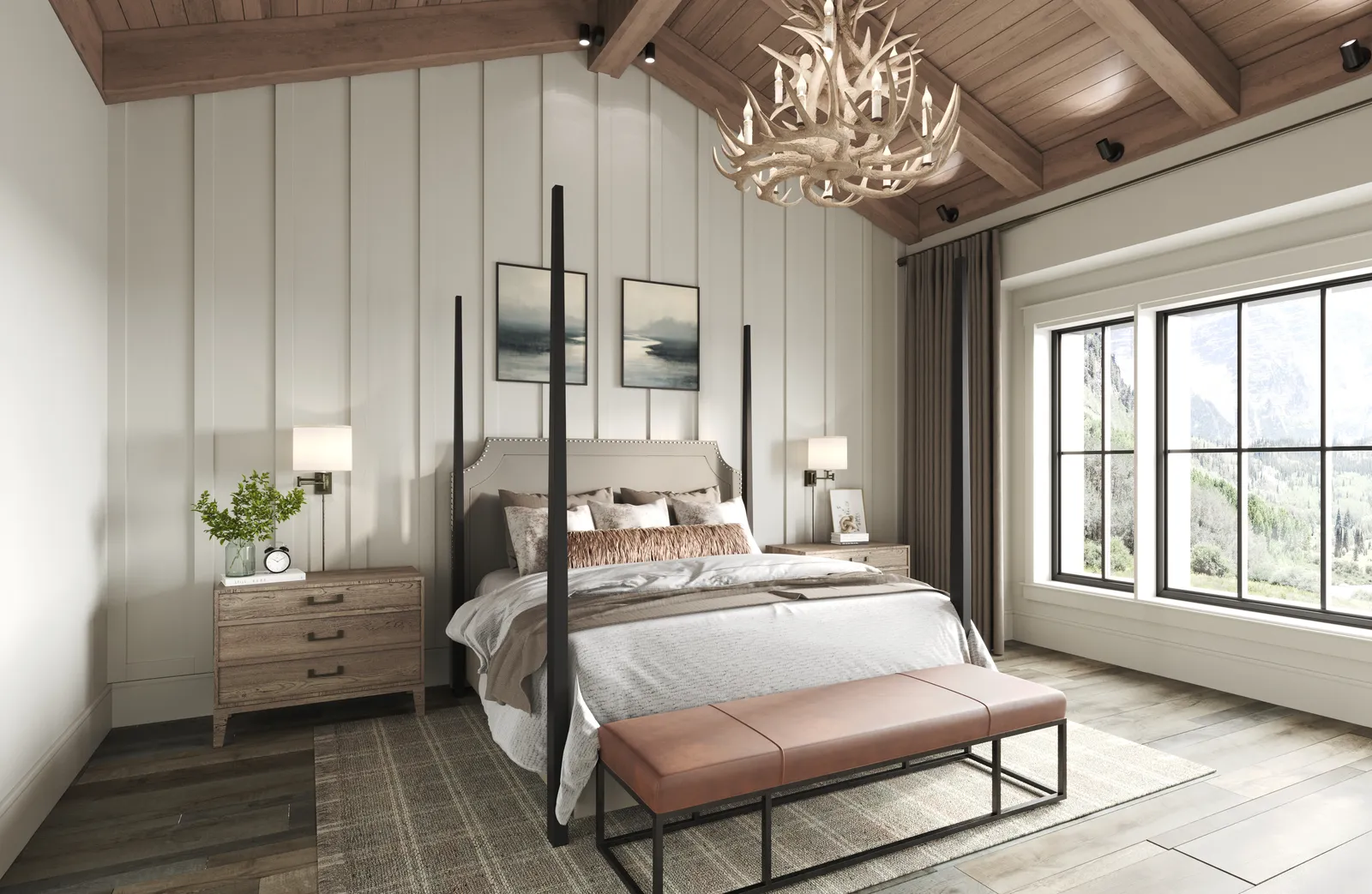 Farmhouse bedroom with a four-poster bed and antler chandelier