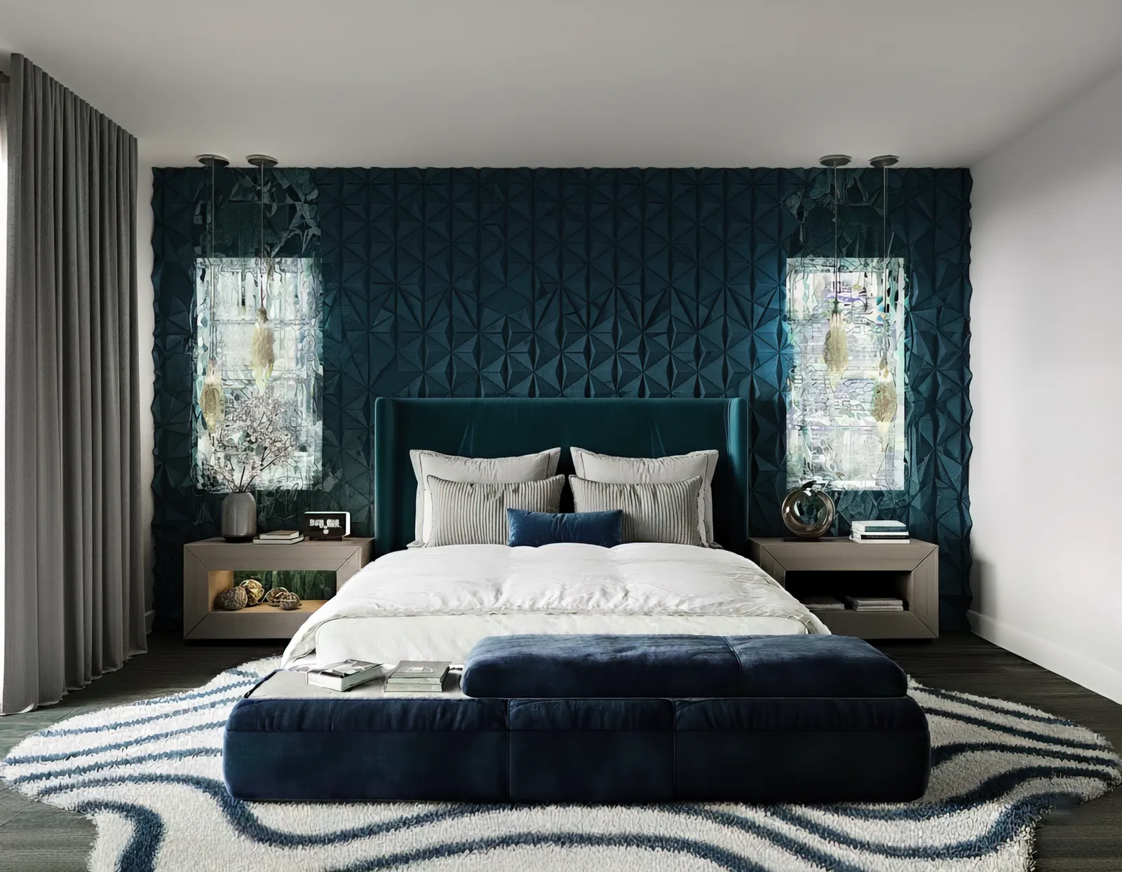 Bedroom with a sculpted teal wall and a velvet bed