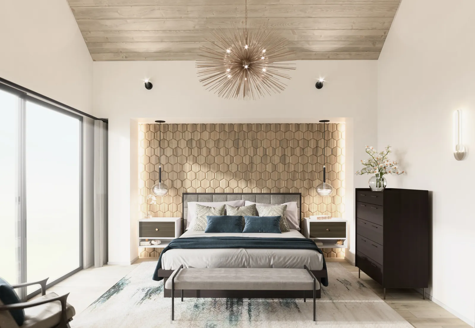 Primary bedroom with a hex-tile headboard wall